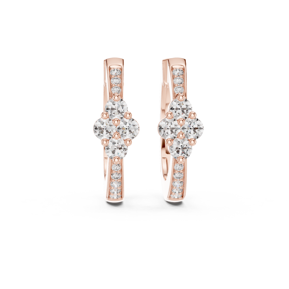Round Cut Diamond Floral Cluster Huggie Earrings with Pavé Accents