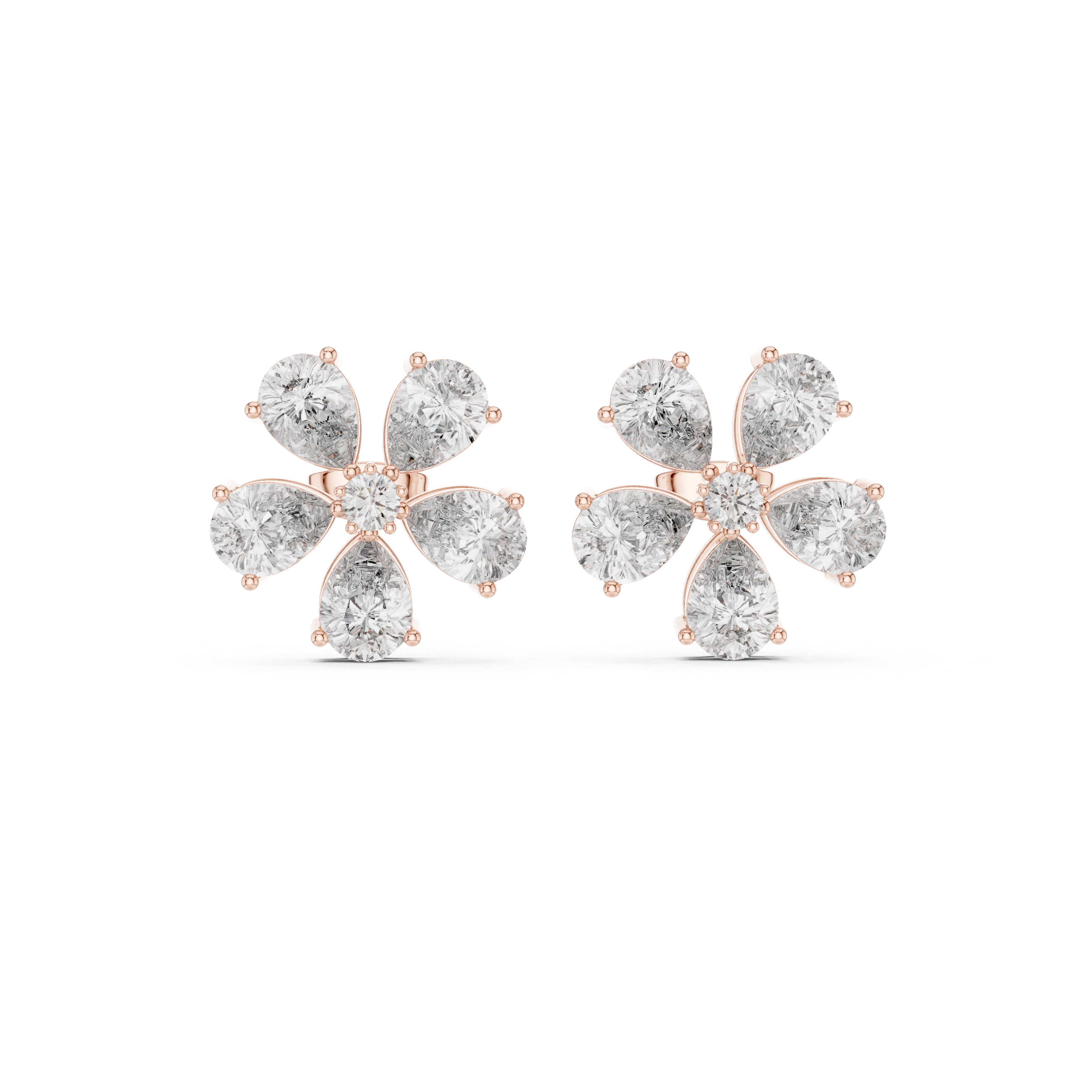 Pear and round diamond floral cluster stud earrings