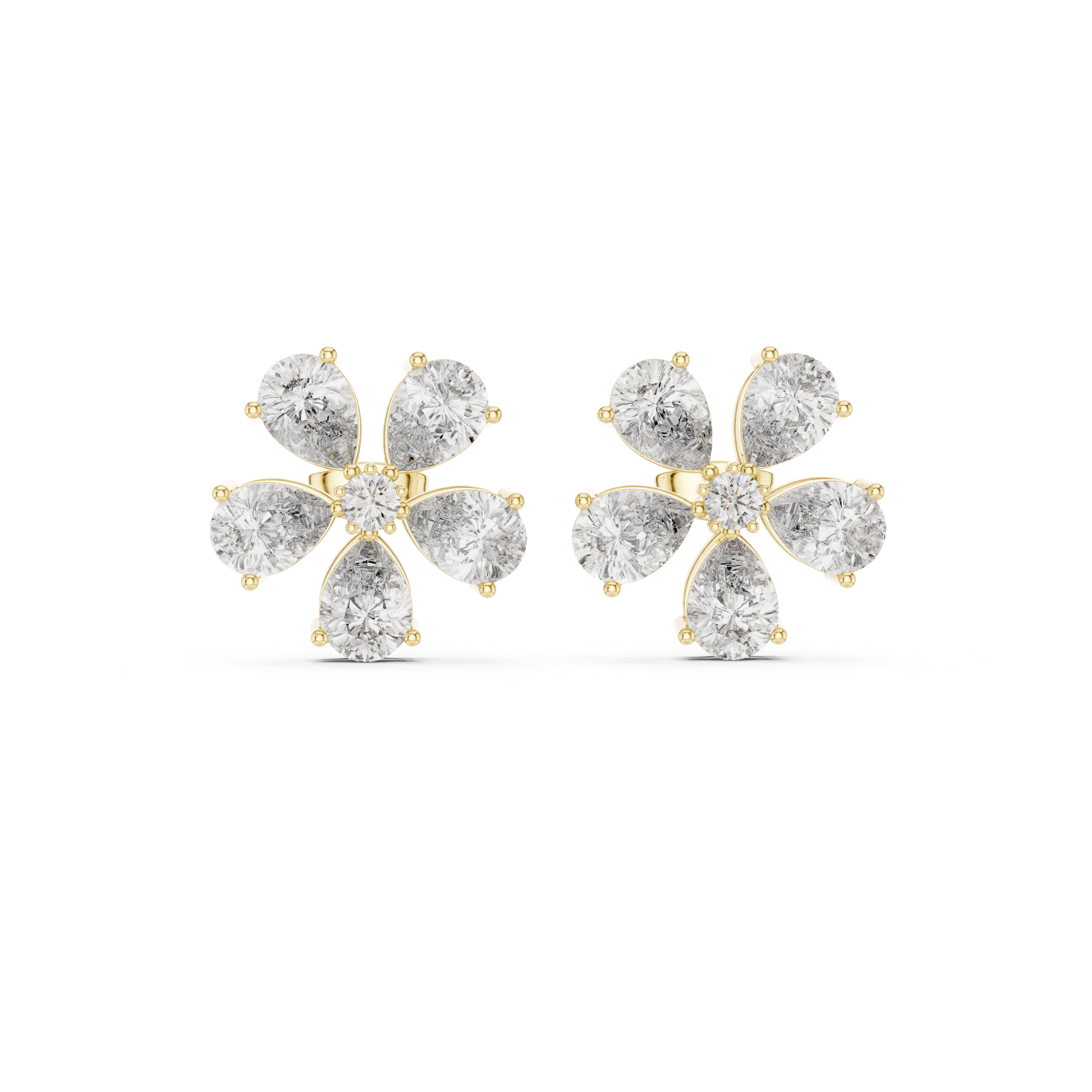 High shine pear and round diamond floral cluster stud earrings