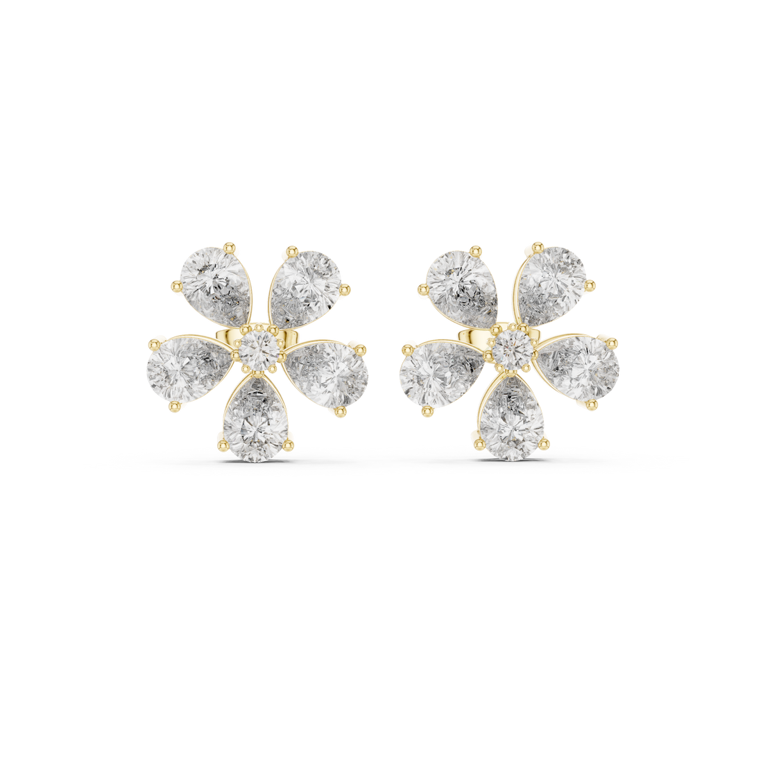 High shine pear and round diamond floral cluster stud earrings