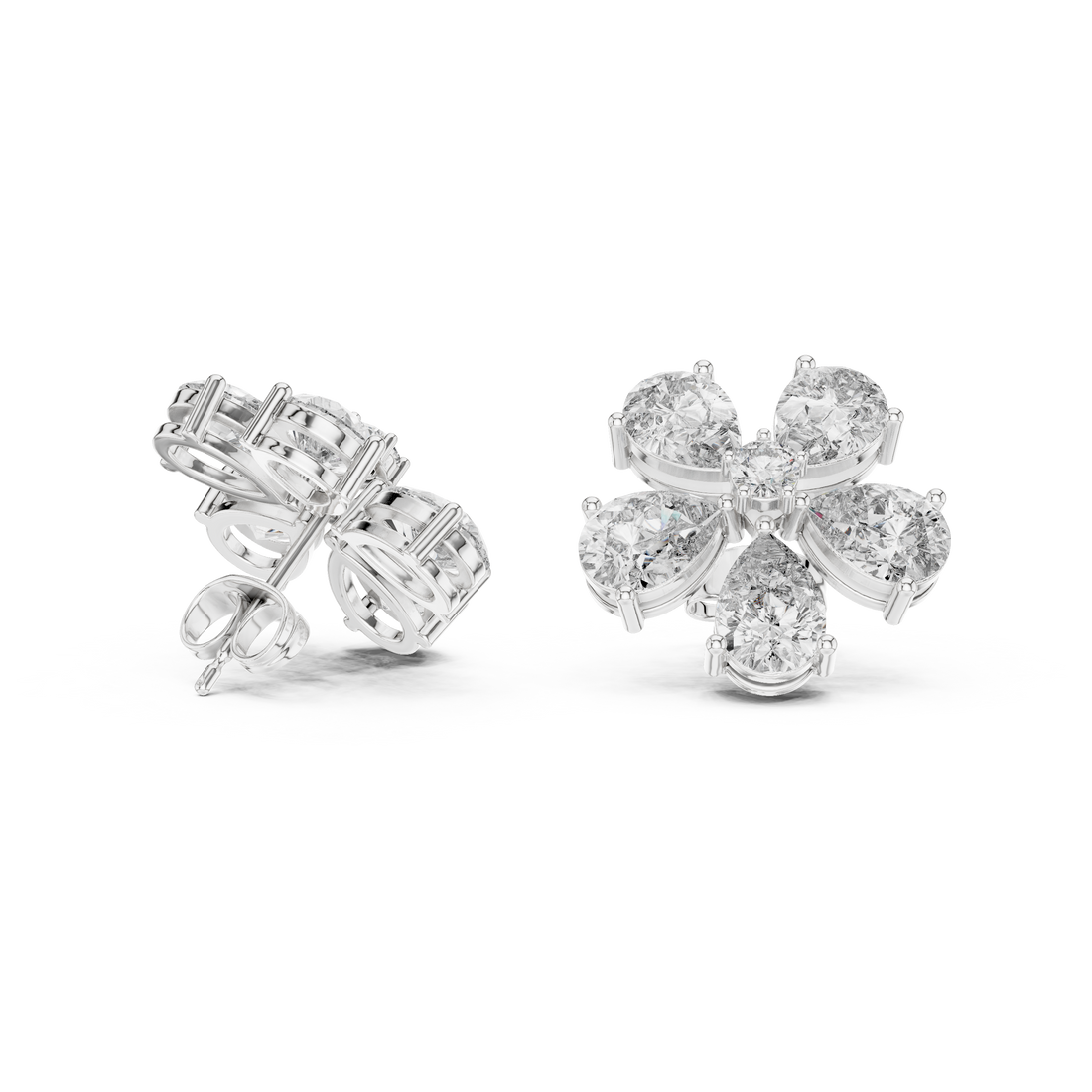 Close-up of pear and round diamond floral cluster stud earrings detail