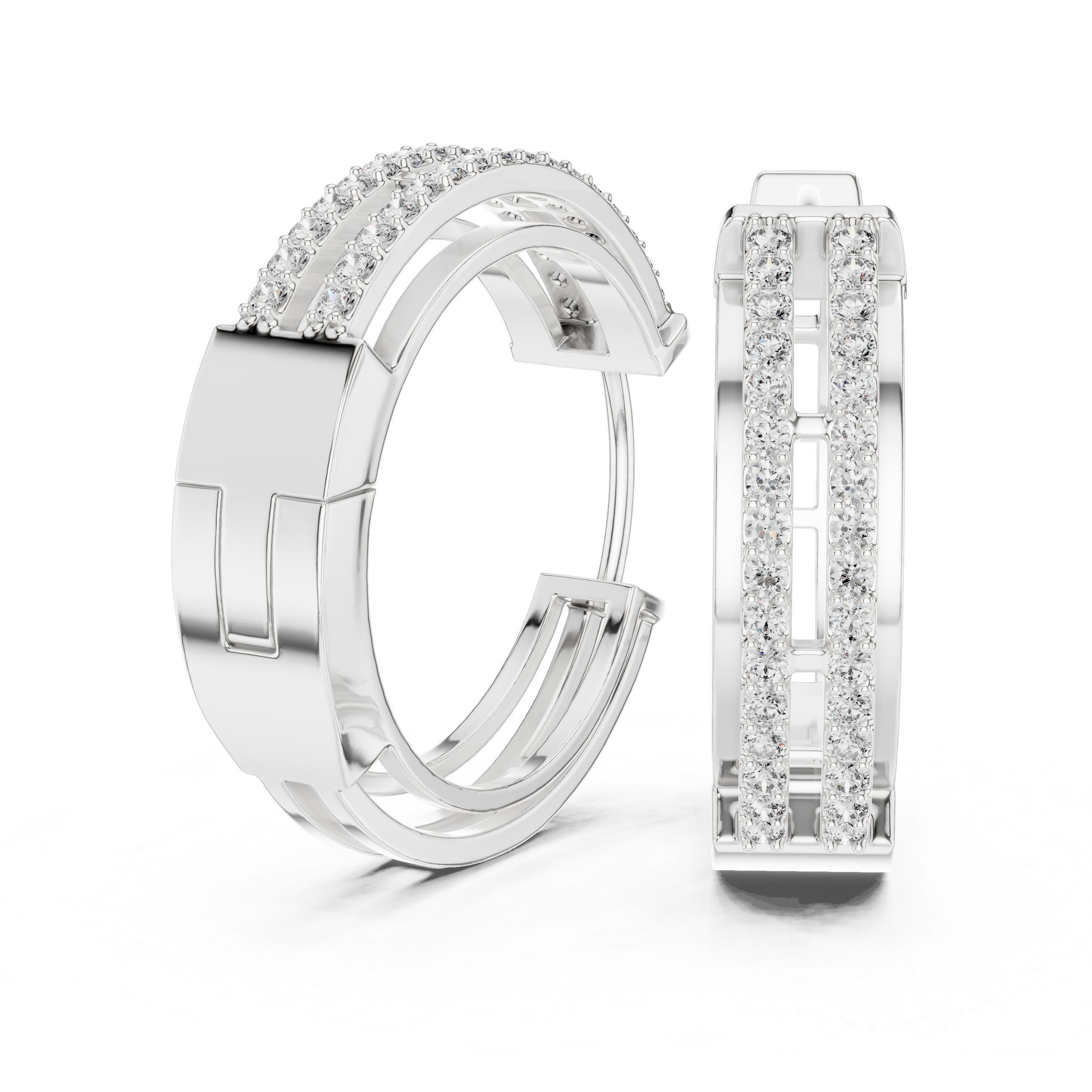 Round Brilliant Diamond Double Row Pavé Huggie Hoop Earrings