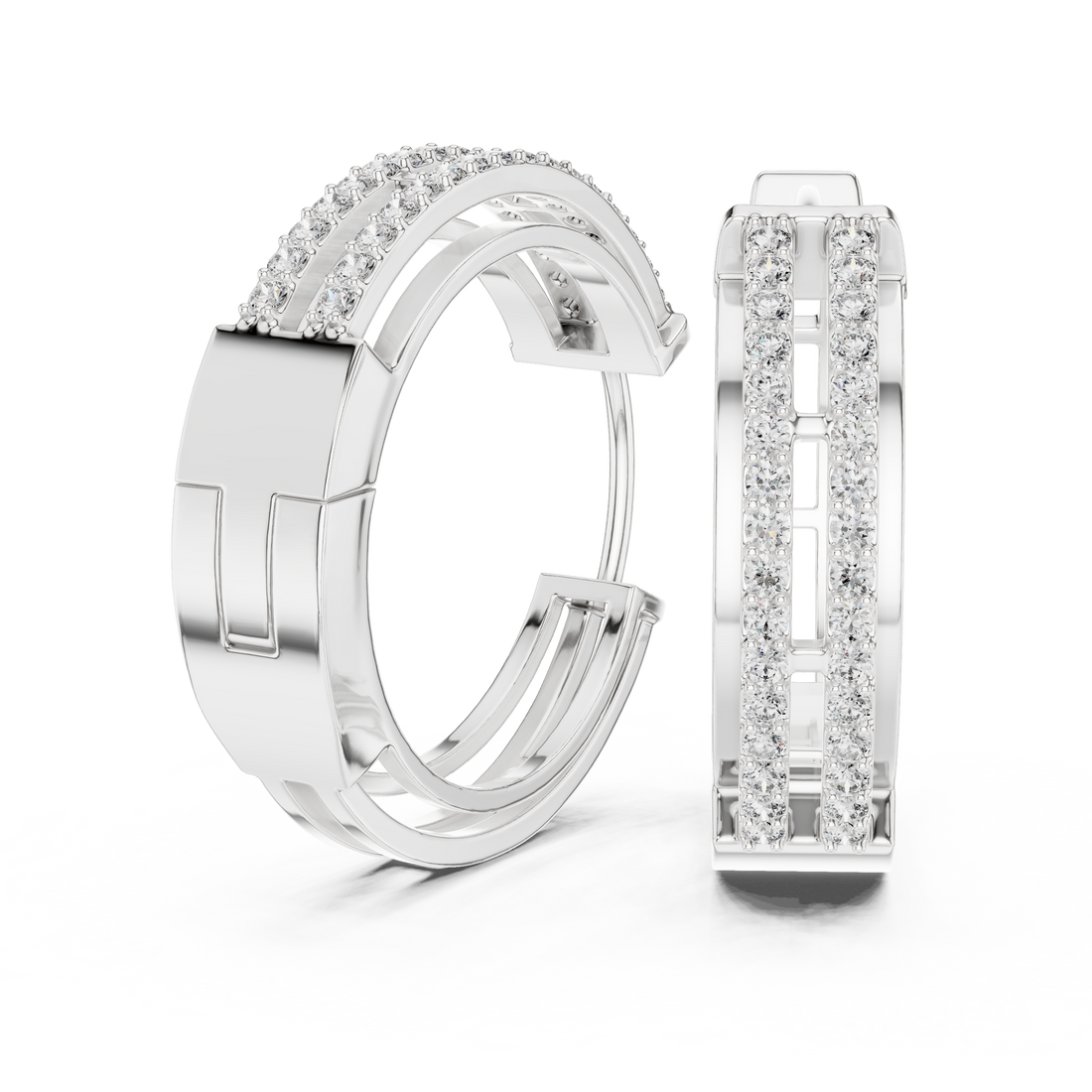 Round Brilliant Diamond Double Row Pavé Huggie Hoop Earrings