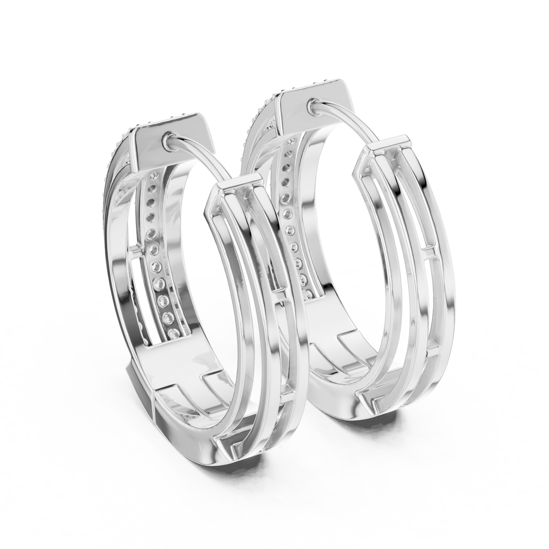 Round Brilliant Diamond Double Row Pavé Huggie Hoop Earrings