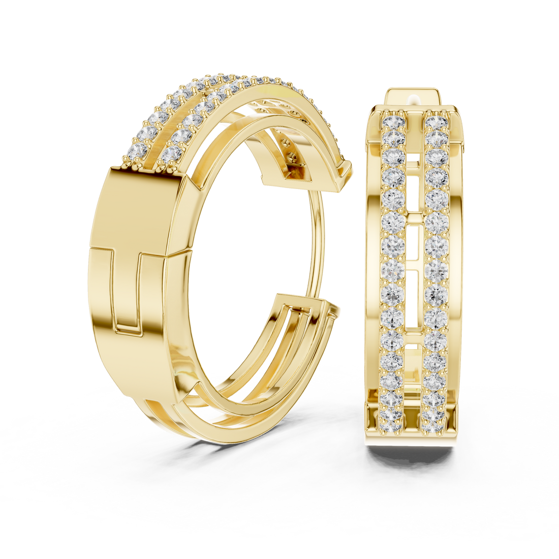 Round Brilliant Diamond Double Row Pavé Huggie Hoop Earrings