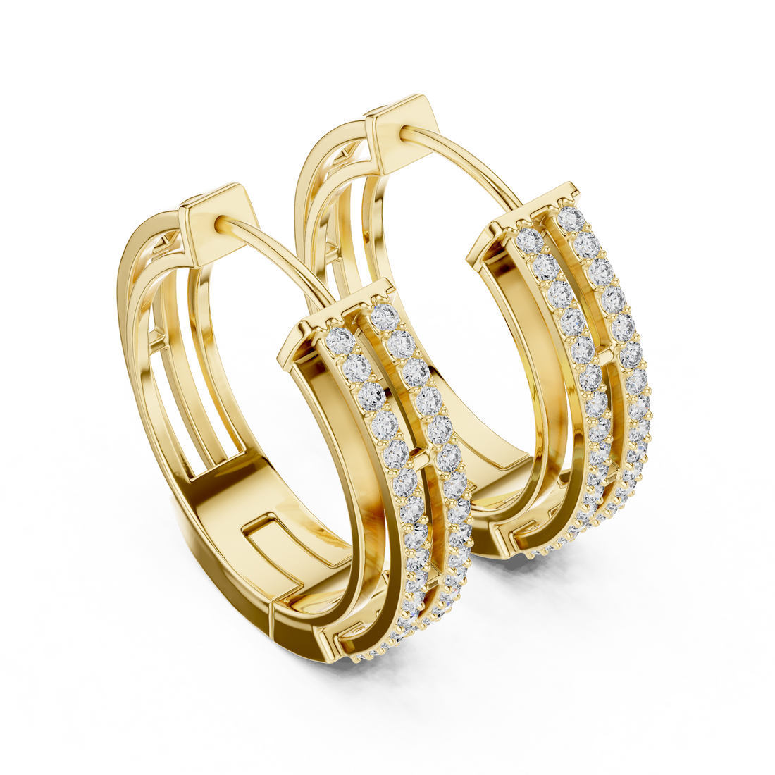 Round Brilliant Diamond Double Row Pavé Huggie Hoop Earrings
