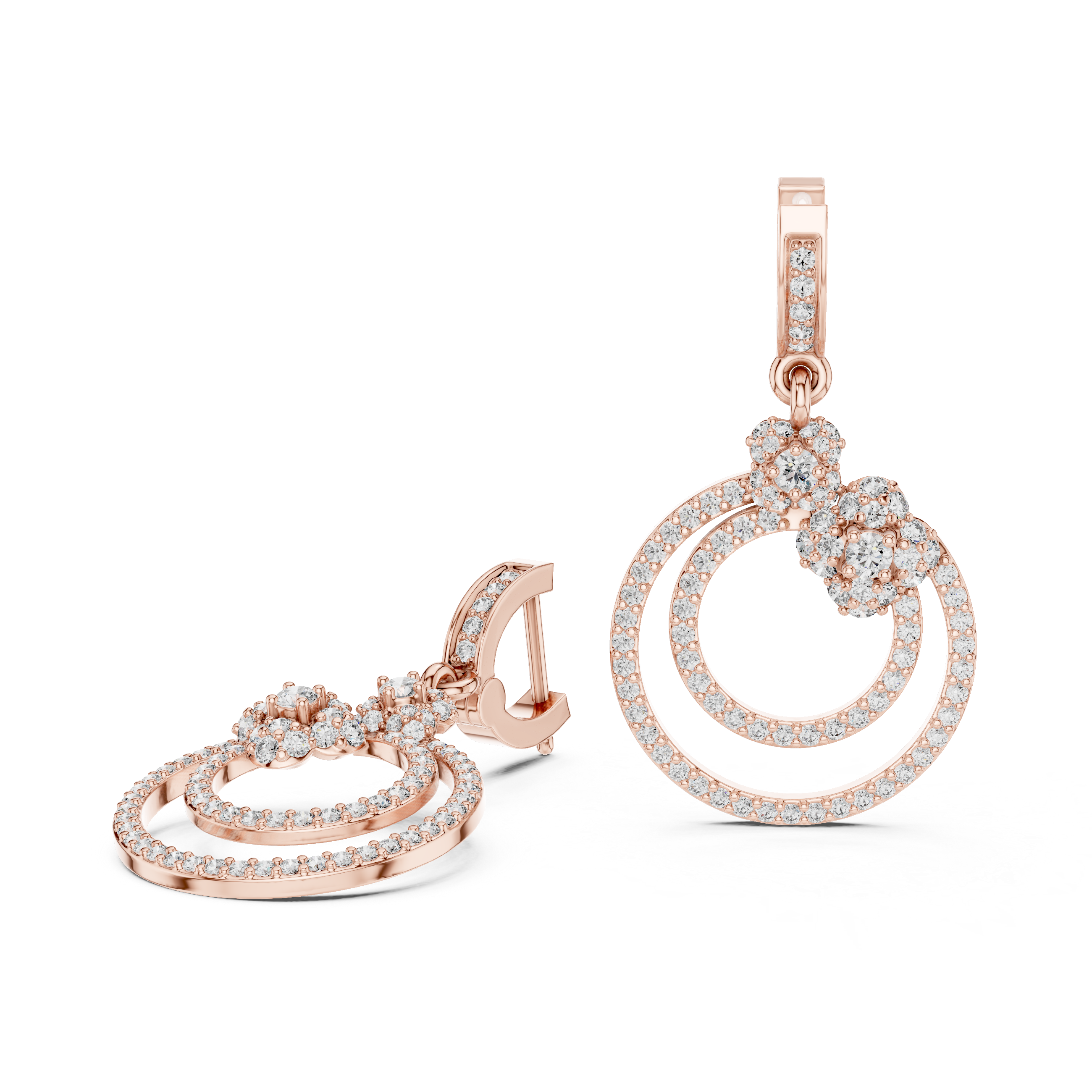 Round Brilliant Diamond Double Circle Pavé Halo Floral Drop Earrings