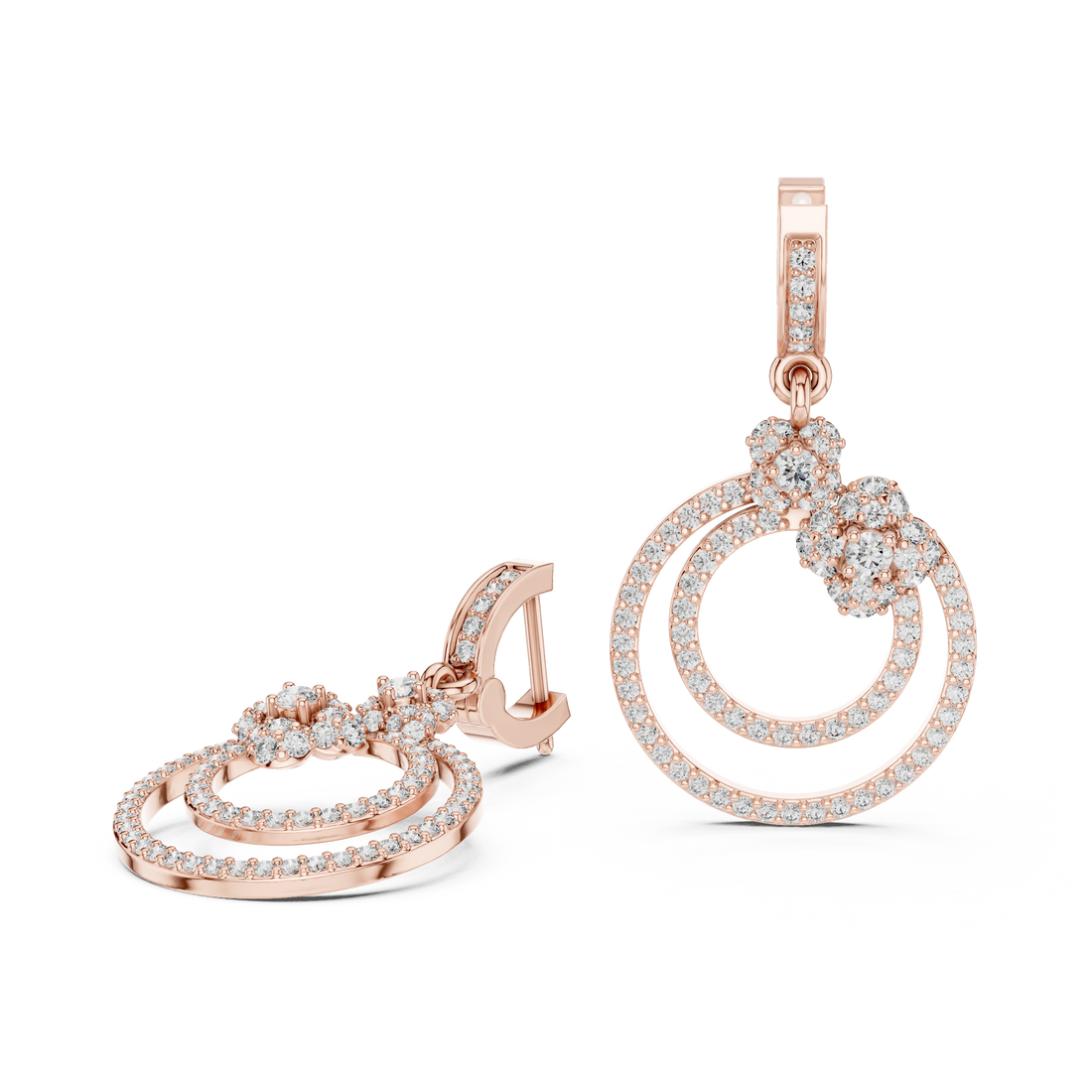 Round Brilliant Diamond Double Circle Pavé Halo Floral Drop Earrings