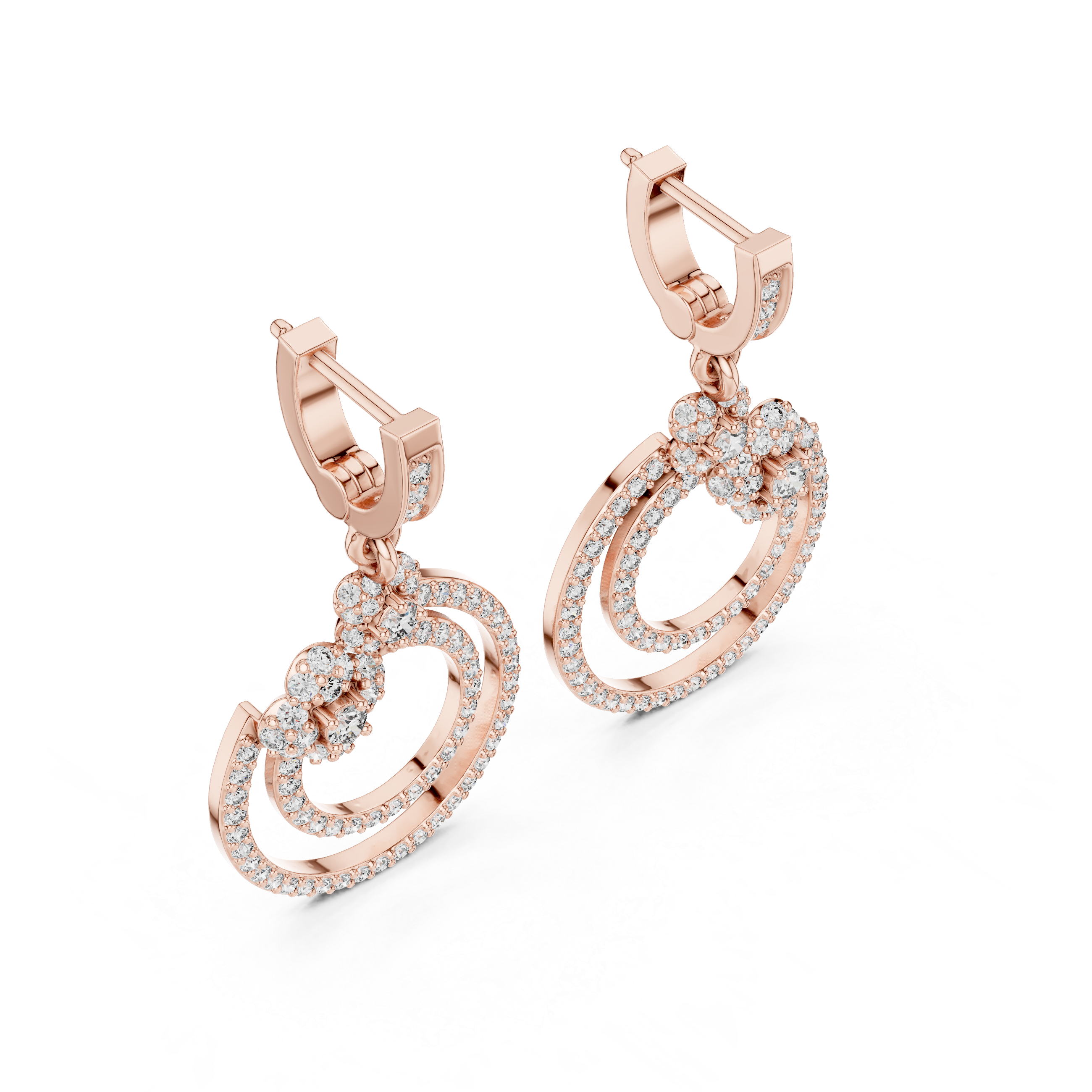 Round Brilliant Diamond Double Circle Pavé Halo Floral Drop Earrings