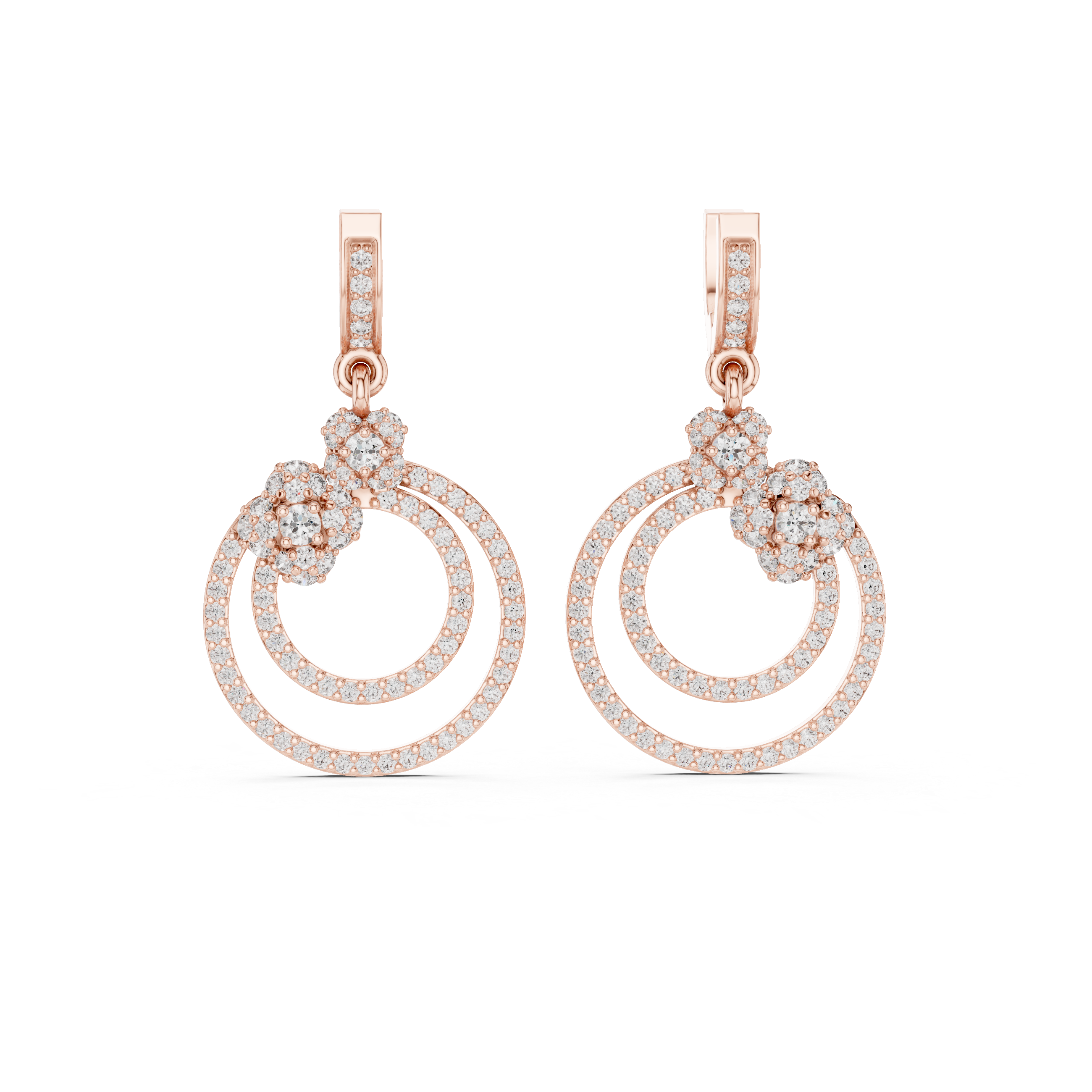 Round Brilliant Diamond Double Circle Pavé Halo Floral Drop Earrings