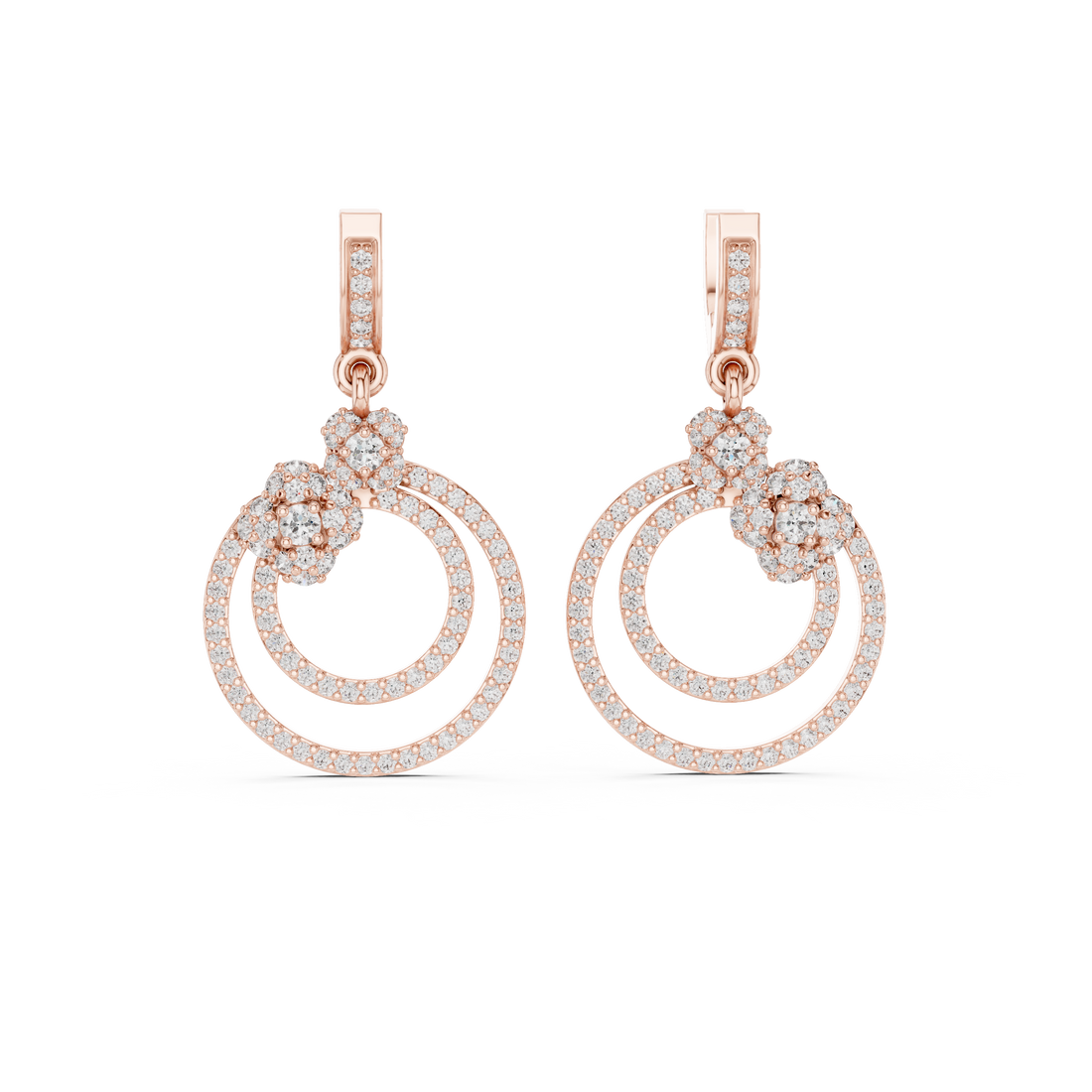 Round Brilliant Diamond Double Circle Pavé Halo Floral Drop Earrings
