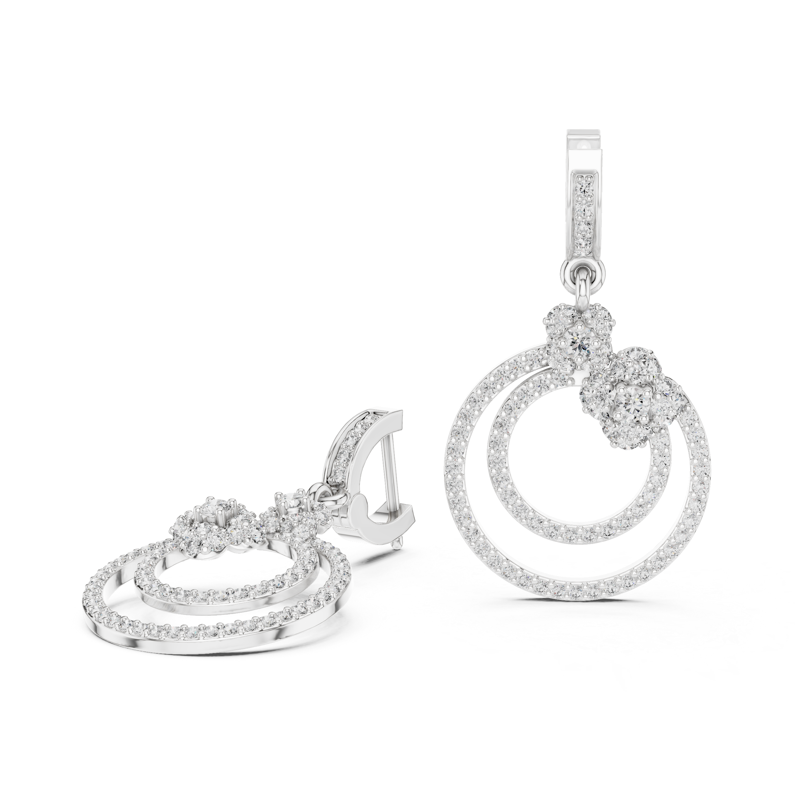 Round Brilliant Diamond Double Circle Pavé Halo Floral Drop Earrings