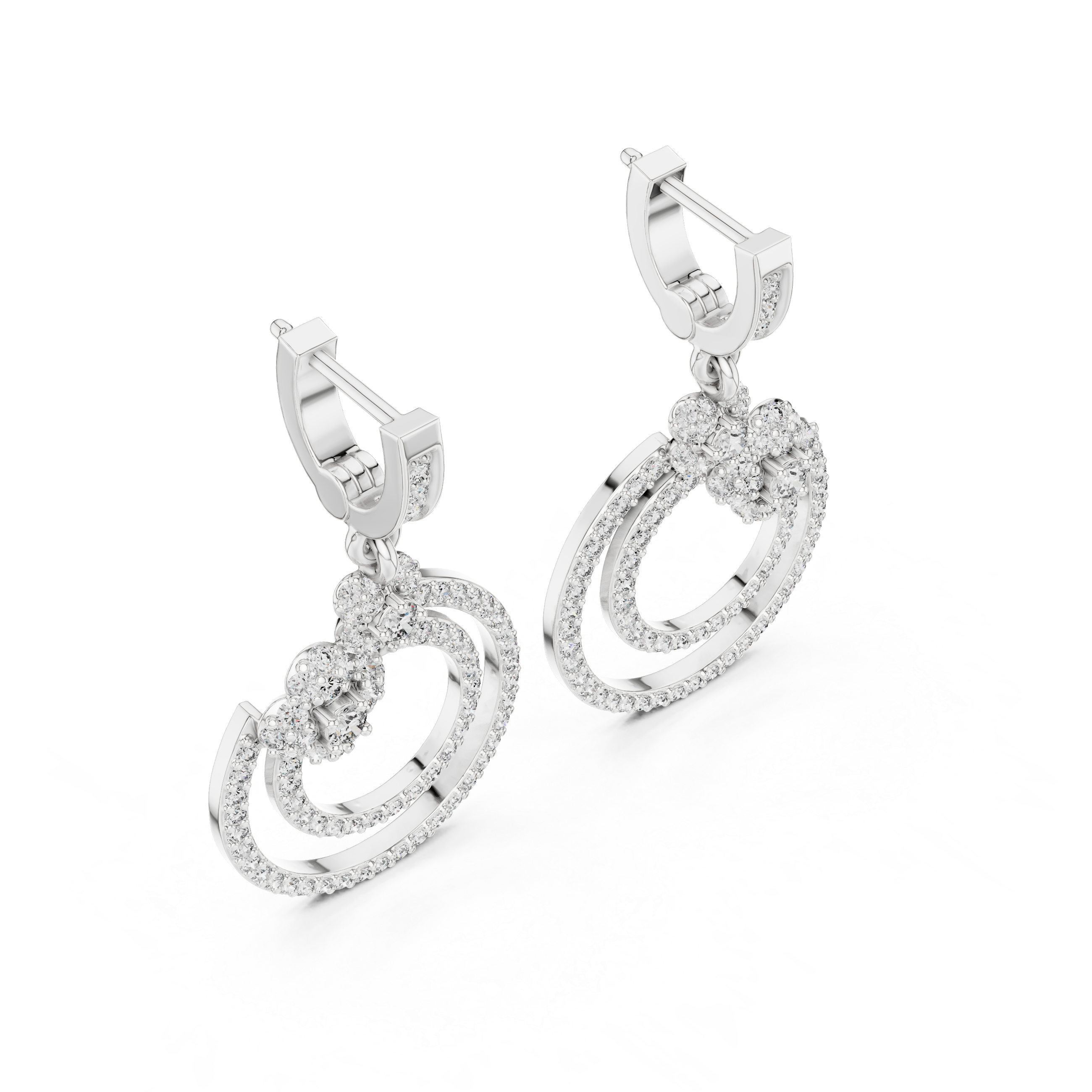 Round Brilliant Diamond Double Circle Pavé Halo Floral Drop Earrings