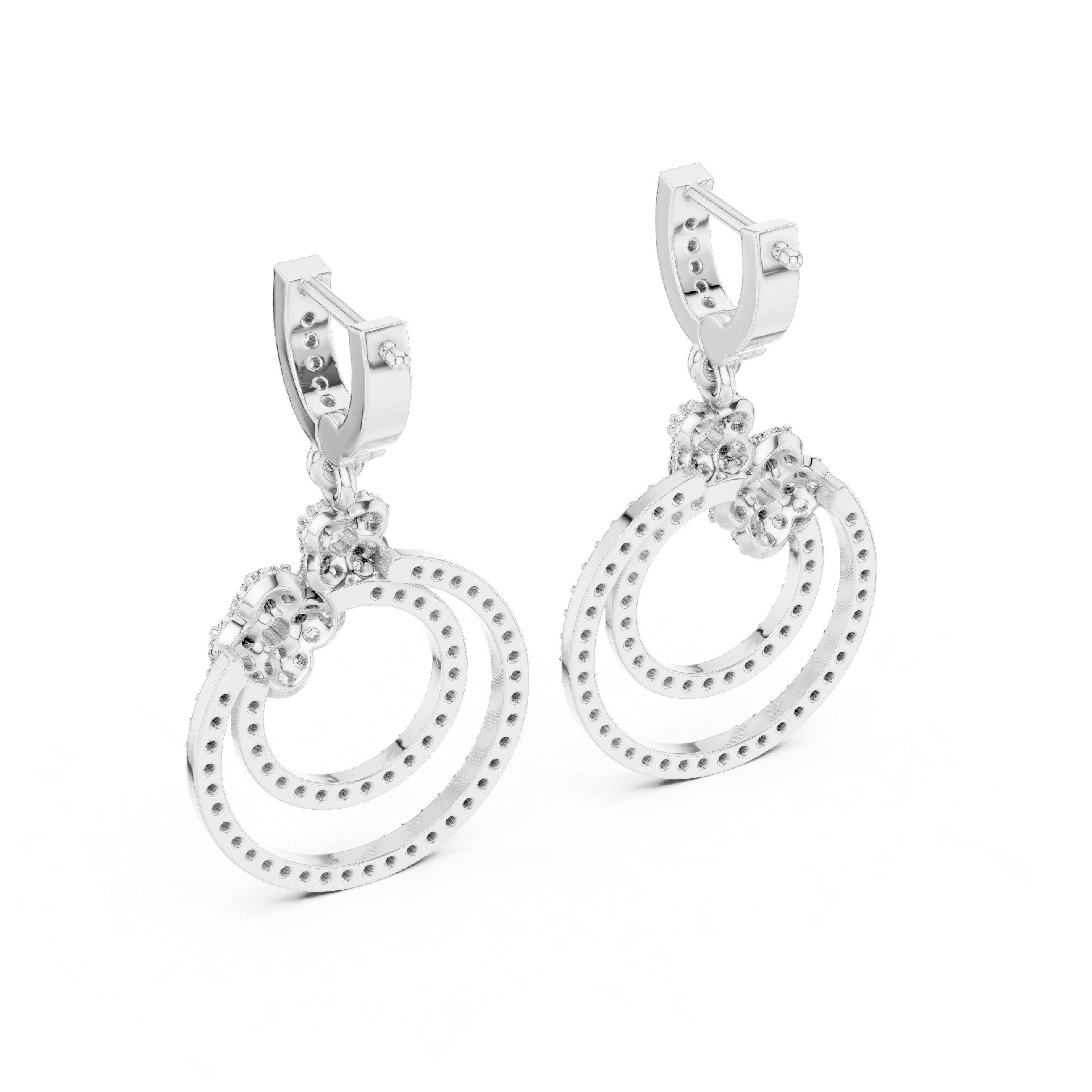 Round Brilliant Diamond Double Circle Pavé Halo Floral Drop Earrings