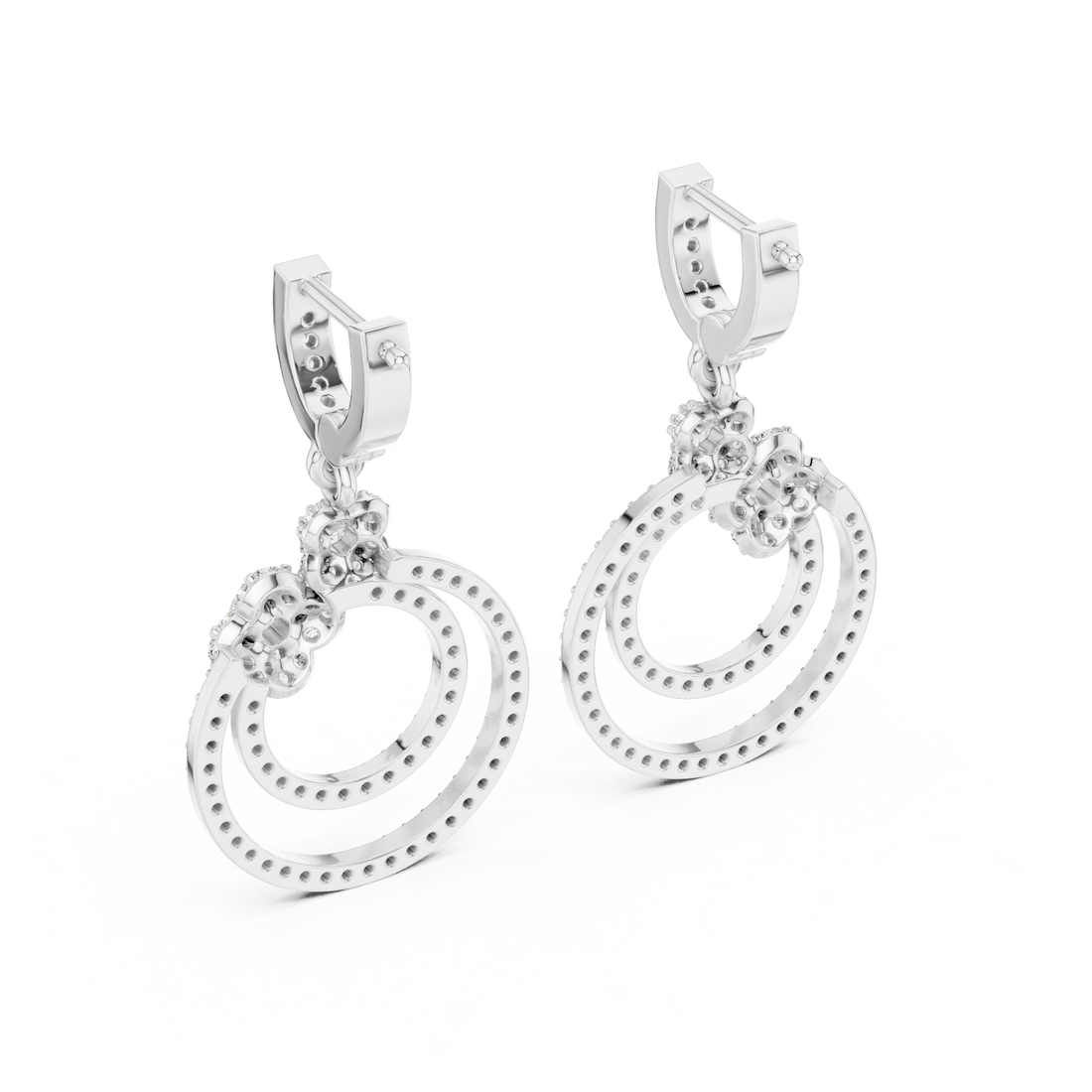 Round Brilliant Diamond Double Circle Pavé Halo Floral Drop Earrings