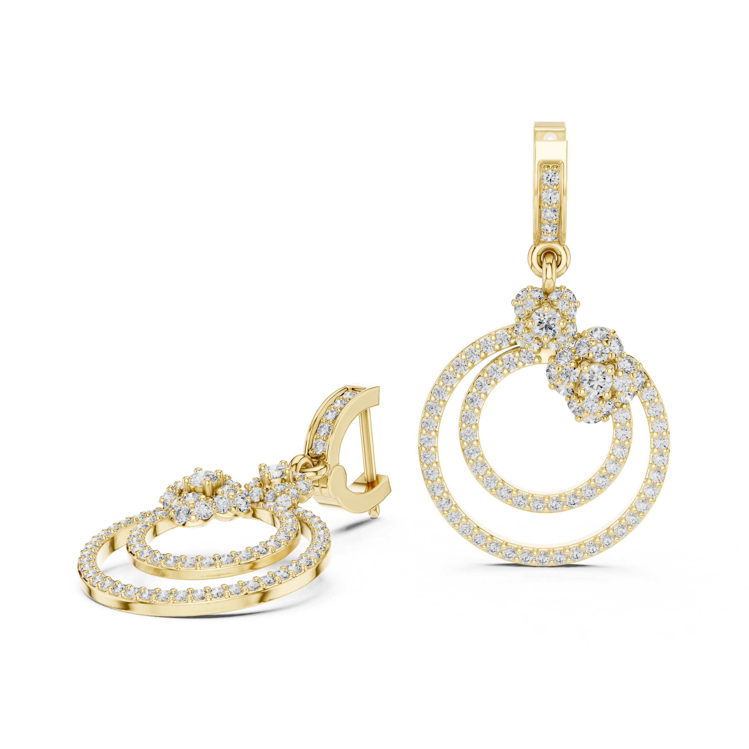 Round Brilliant Diamond Double Circle Pavé Halo Floral Drop Earrings