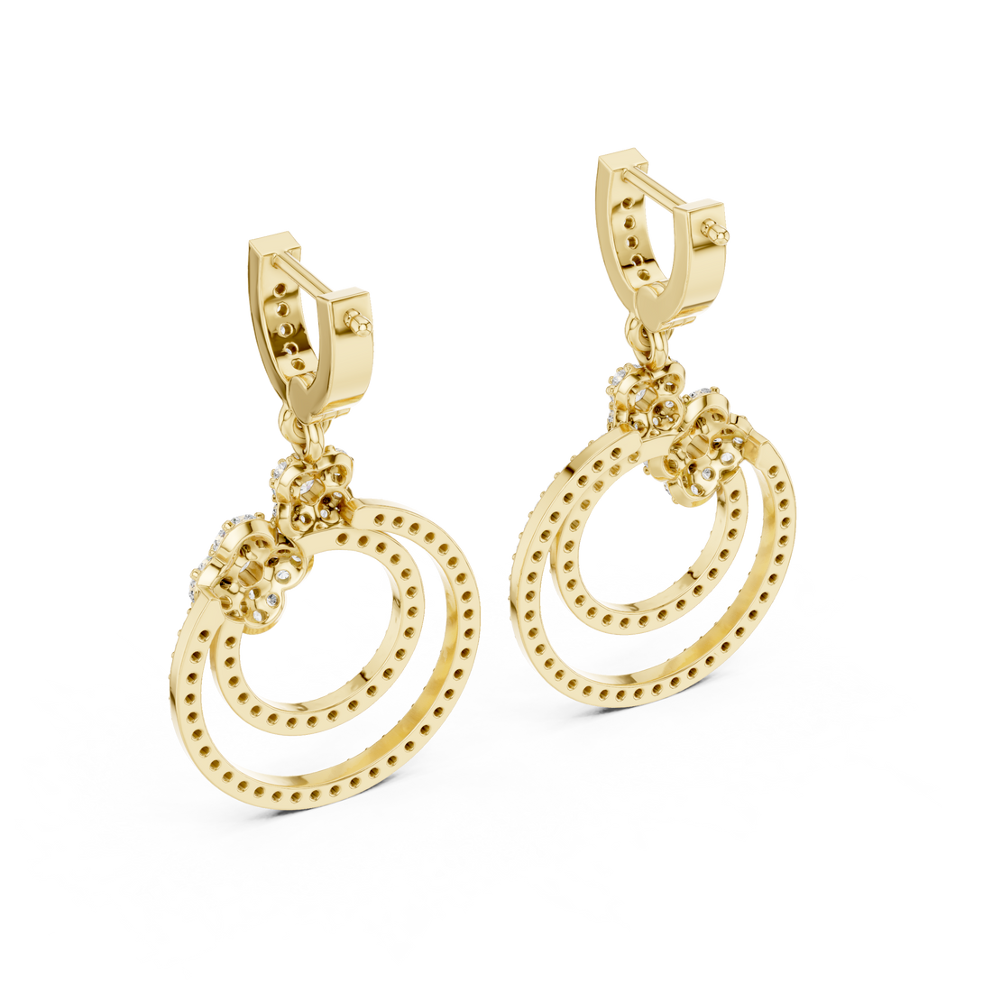 Round Brilliant Diamond Double Circle Pavé Halo Floral Drop Earrings