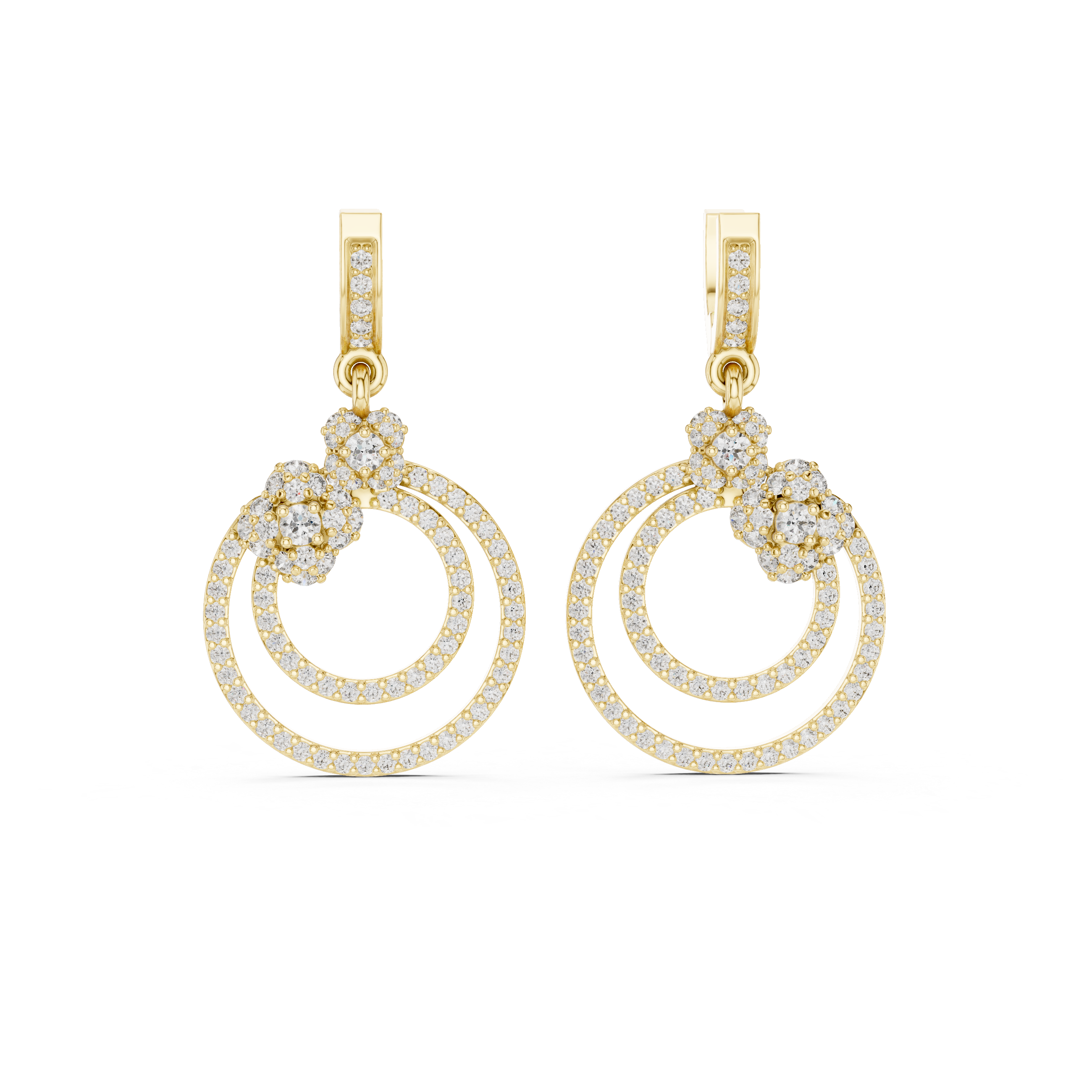 Round Brilliant Diamond Double Circle Pavé Halo Floral Drop Earrings