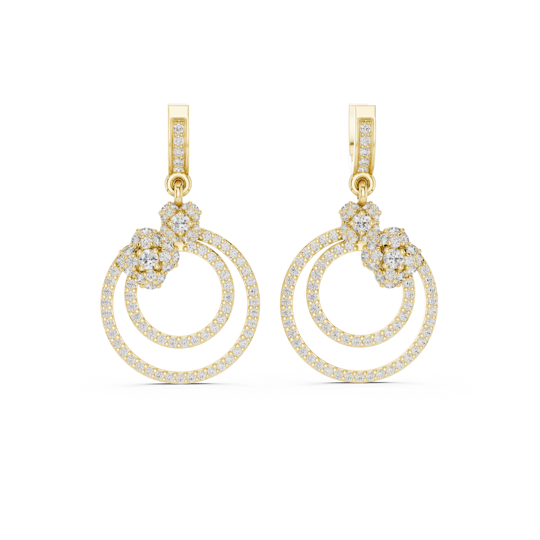 Round Brilliant Diamond Double Circle Pavé Halo Floral Drop Earrings