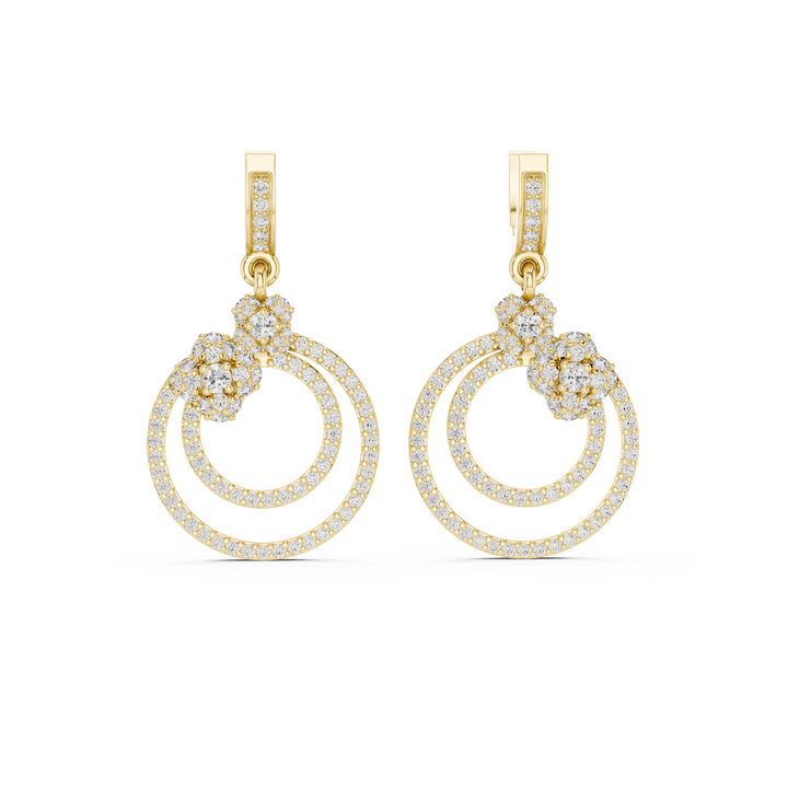 Round Brilliant Diamond Double Circle Pavé Halo Floral Drop Earrings