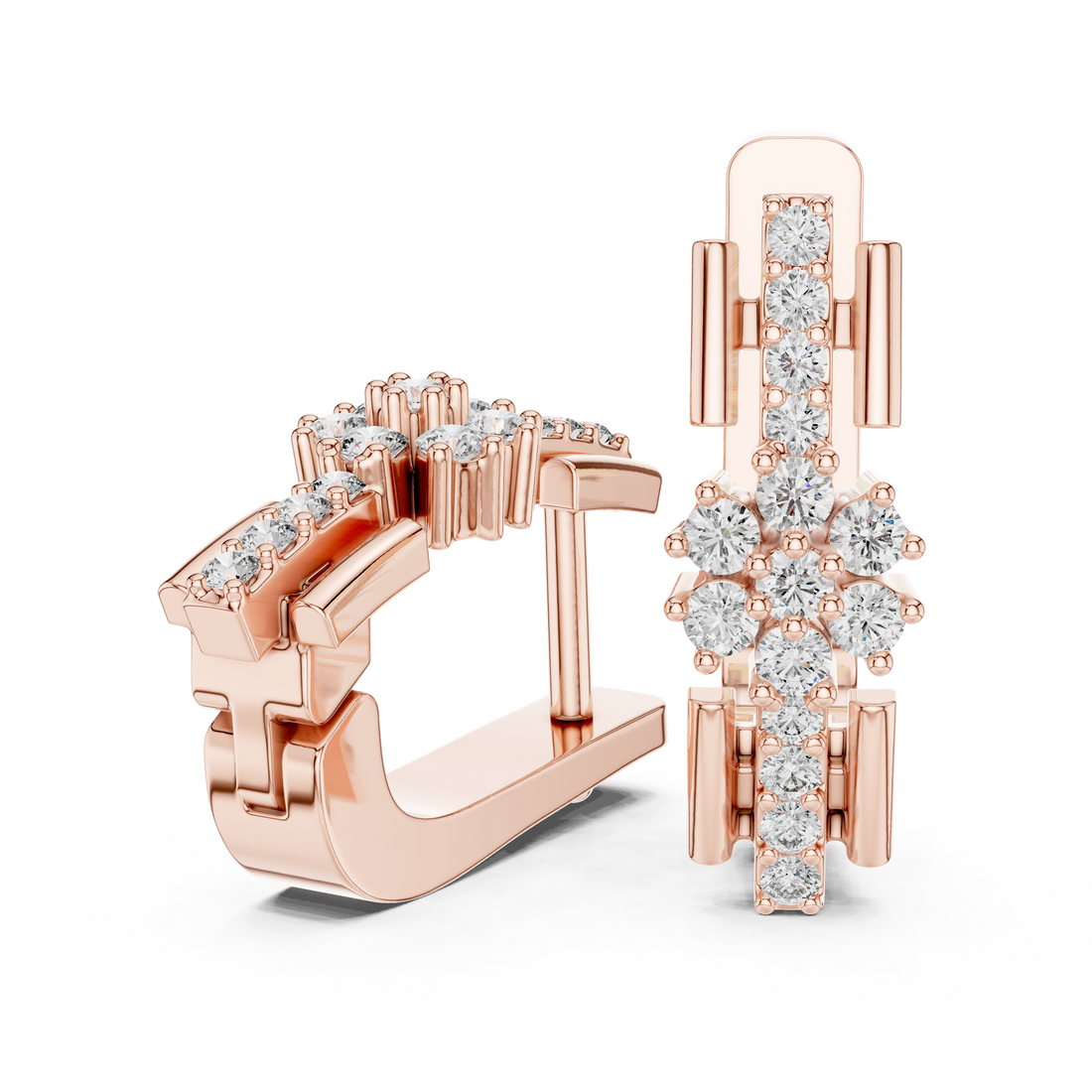 Round Brilliant Diamond Floral Cluster Bar Huggie Hoop Earrings