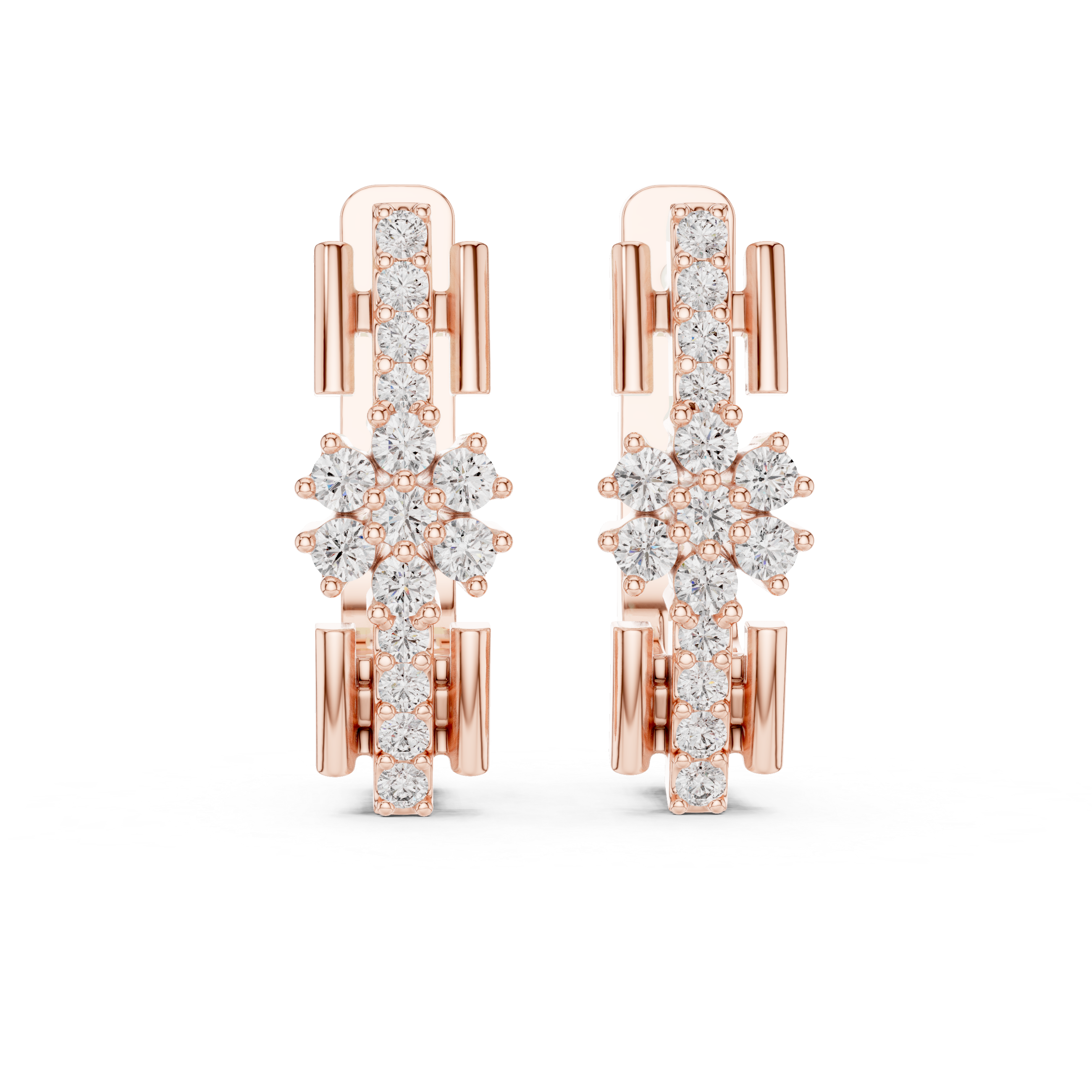 Round Brilliant Diamond Floral Cluster Bar Huggie Hoop Earrings