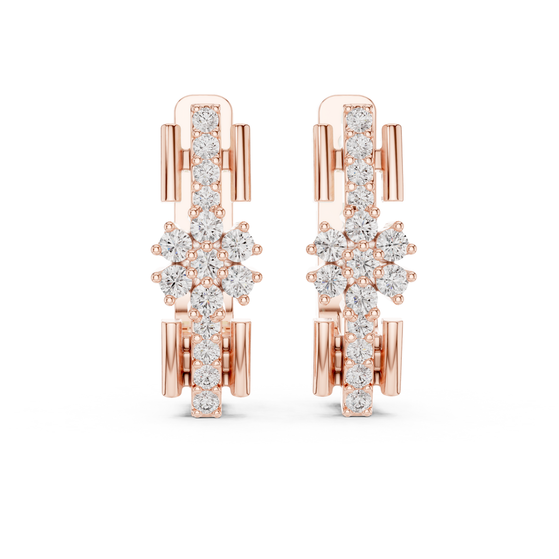 Round Brilliant Diamond Floral Cluster Bar Huggie Hoop Earrings