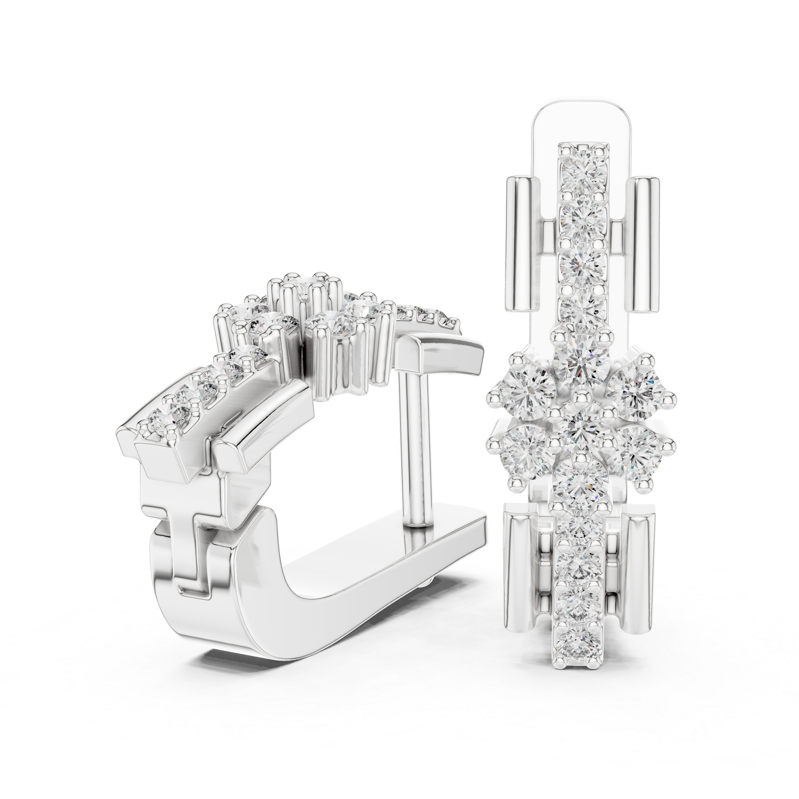 Round Brilliant Diamond Floral Cluster Bar Huggie Hoop Earrings