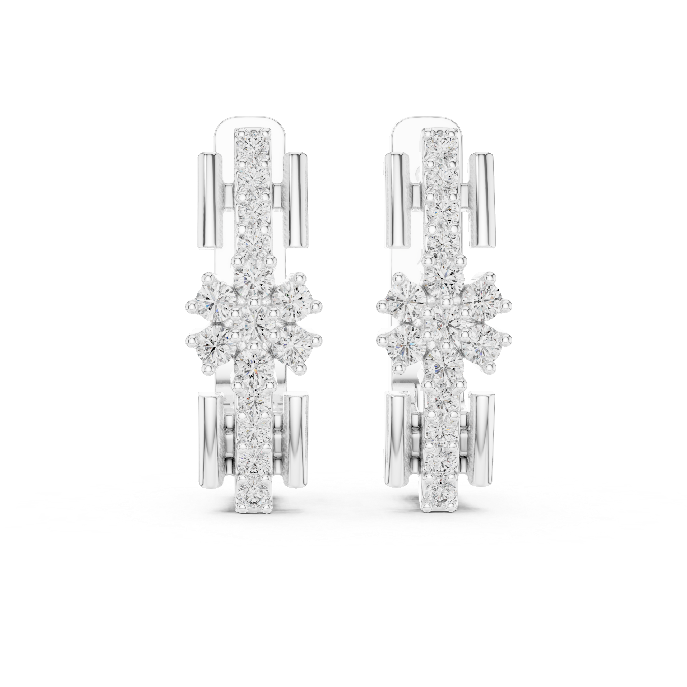 Round Brilliant Diamond Floral Cluster Bar Huggie Hoop Earrings