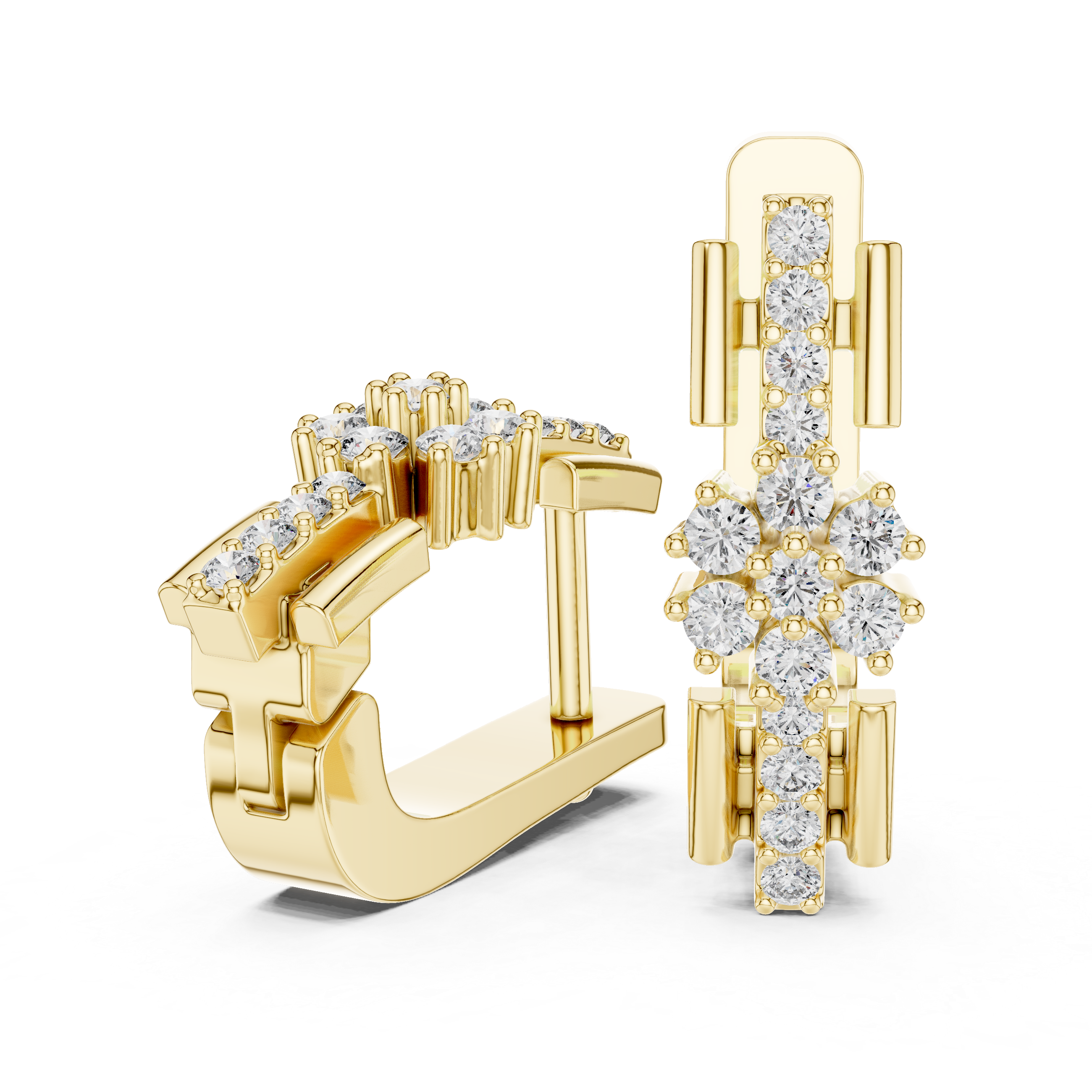 Round Brilliant Diamond Floral Cluster Bar Huggie Hoop Earrings