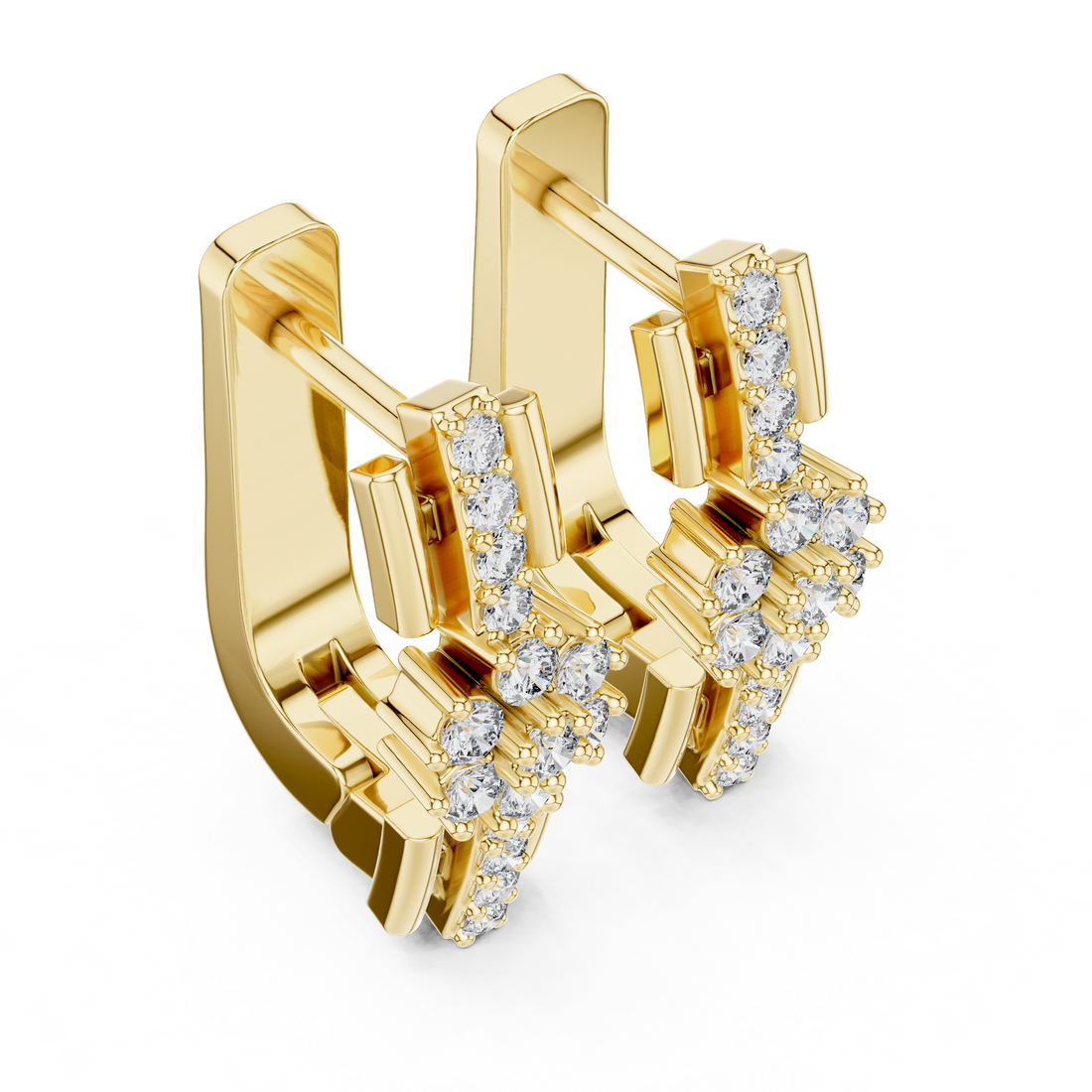 Round Brilliant Diamond Floral Cluster Bar Huggie Hoop Earrings