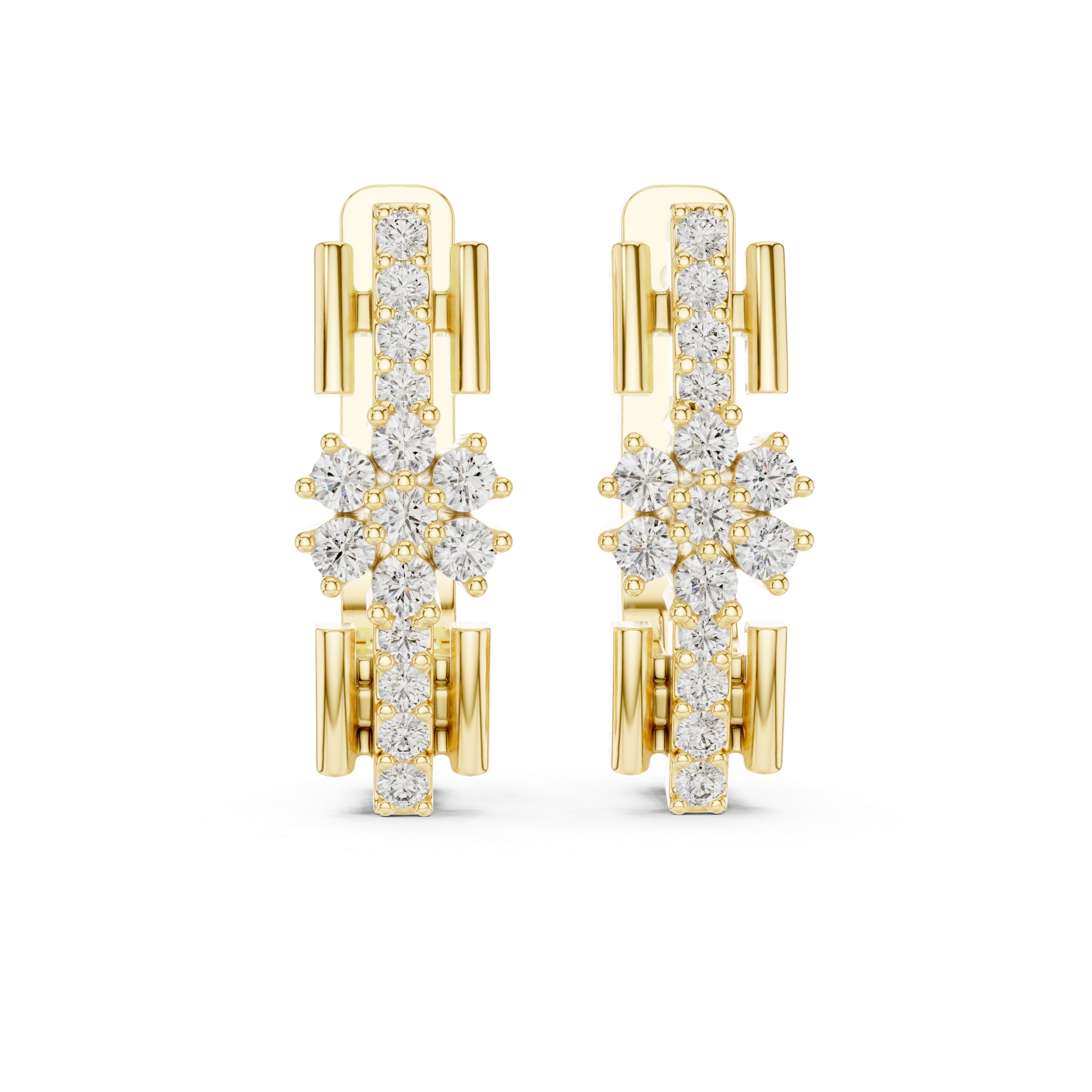 Round Brilliant Diamond Floral Cluster Bar Huggie Hoop Earrings