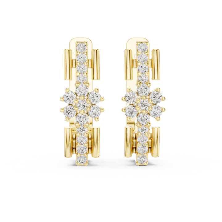 Round Brilliant Diamond Floral Cluster Bar Huggie Hoop Earrings