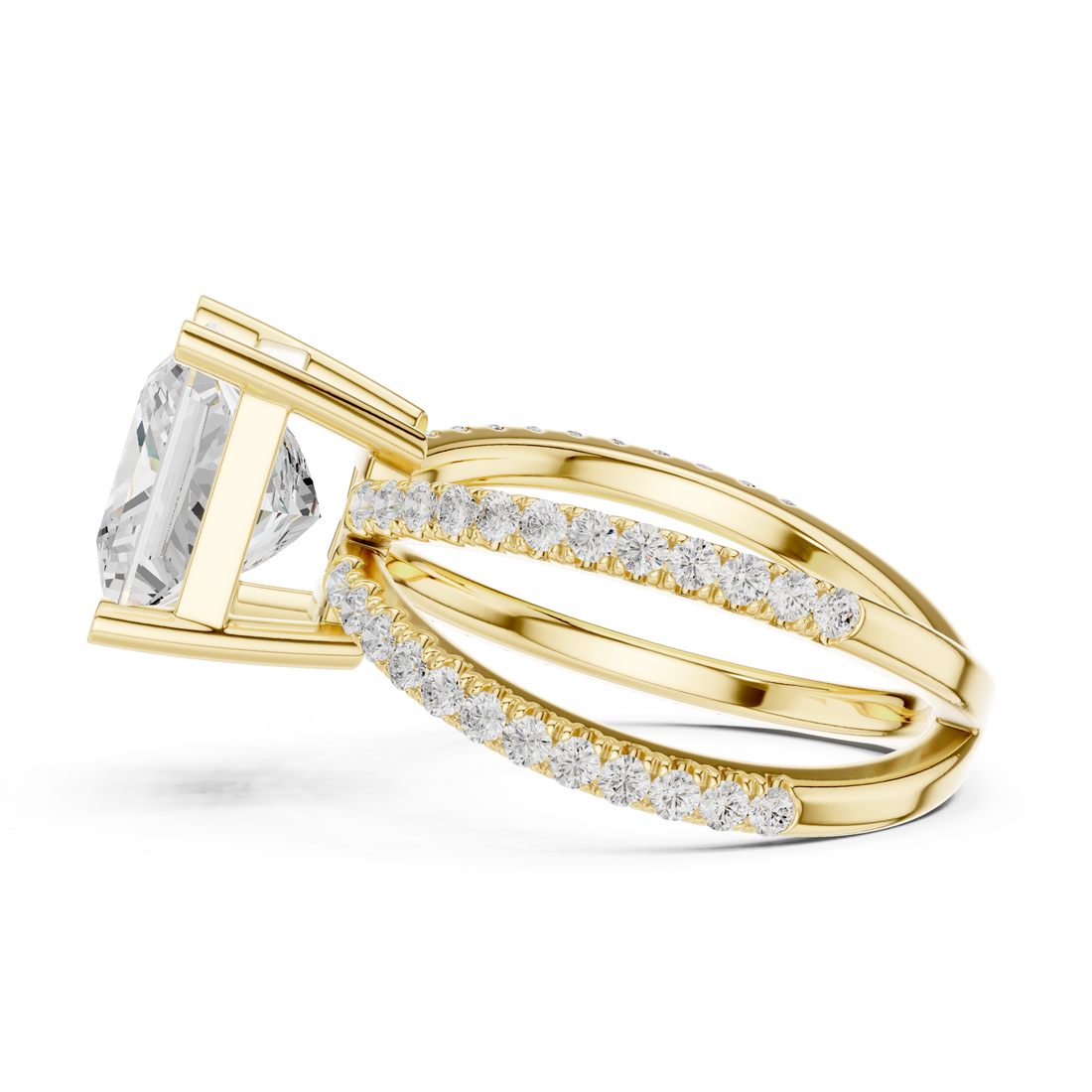 Modern rose gold cushion-cut diamond ring designed with shimmering side stones and a luxurious polished finish.