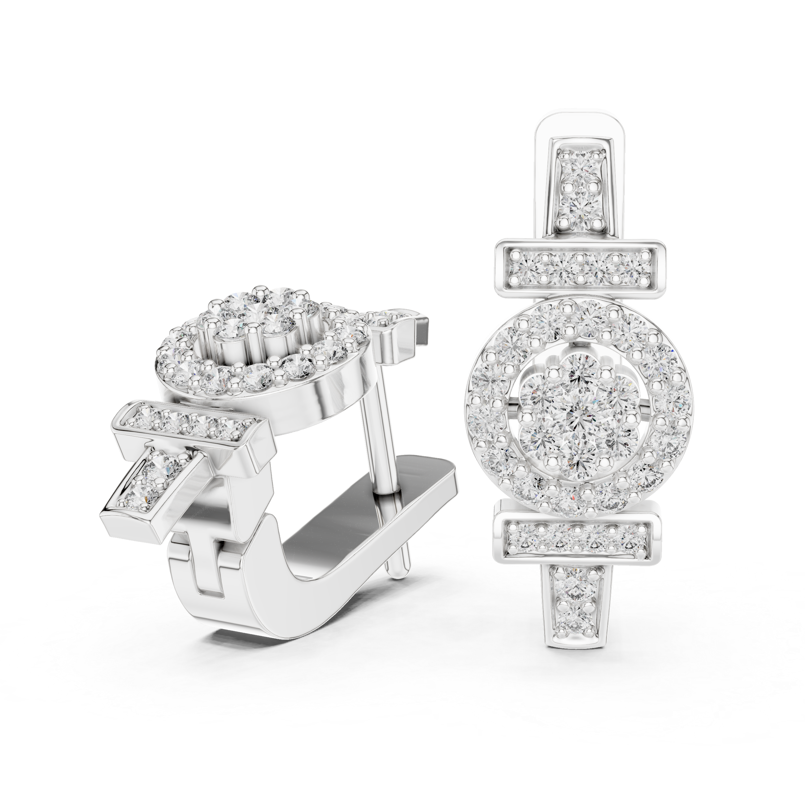 Round Brilliant Diamond Geometric Circle Bar Pavé Huggie Hoop Earrings