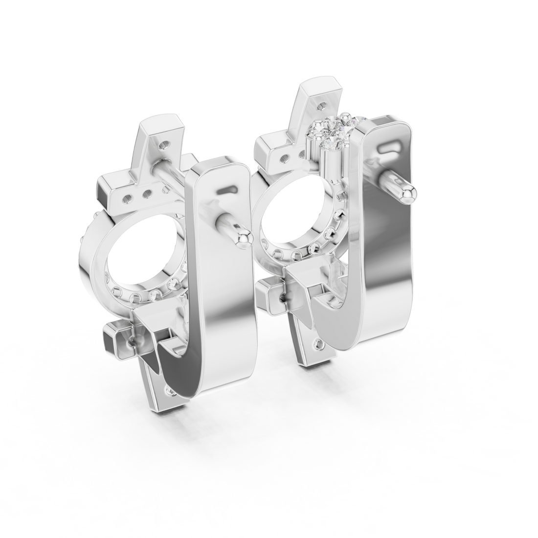Round Brilliant Diamond Geometric Circle Bar Pavé Huggie Hoop Earrings
