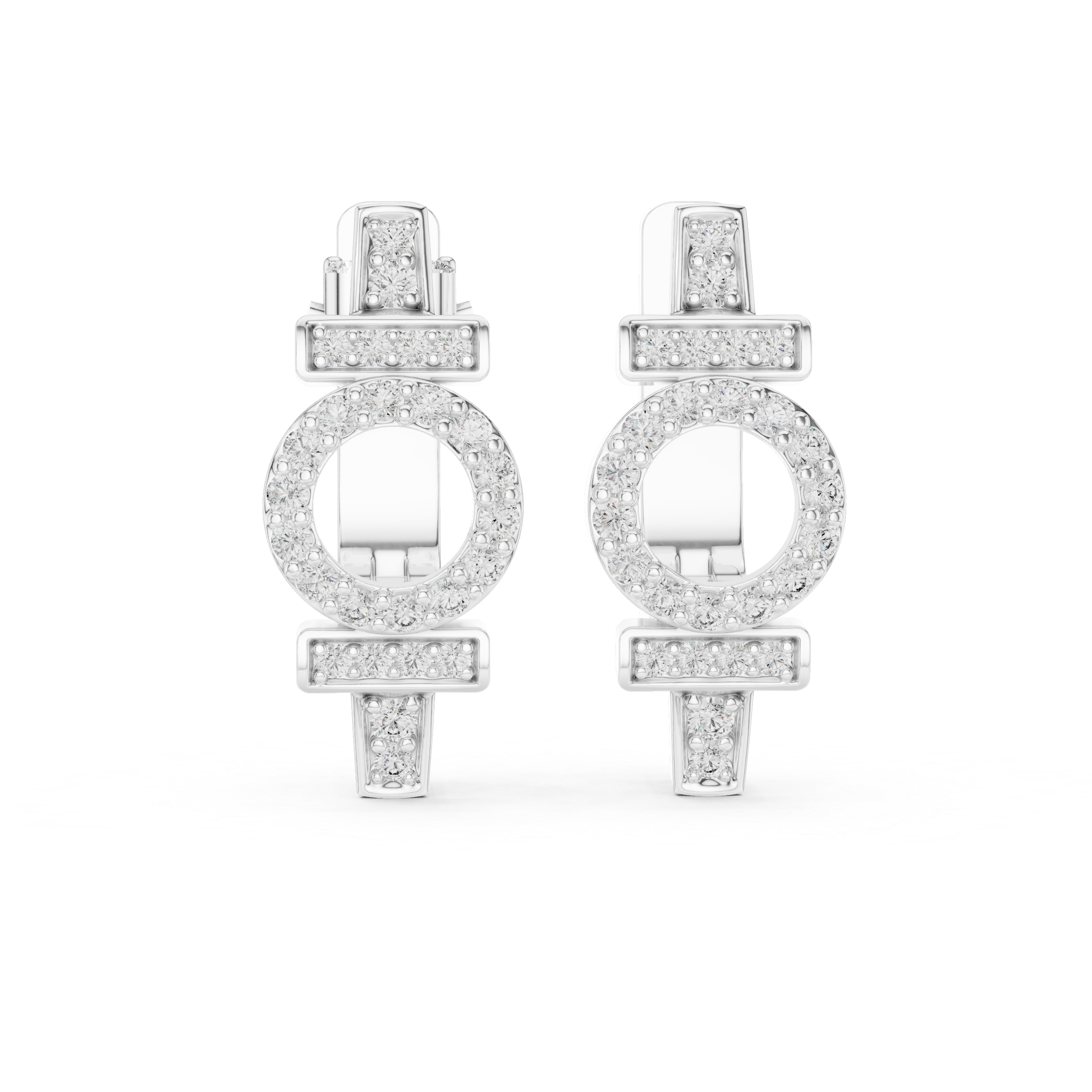 Round Brilliant Diamond Geometric Circle Bar Pavé Huggie Hoop Earrings