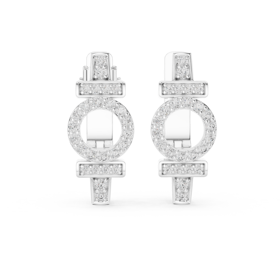 Round Brilliant Diamond Geometric Circle Bar Pavé Huggie Hoop Earrings