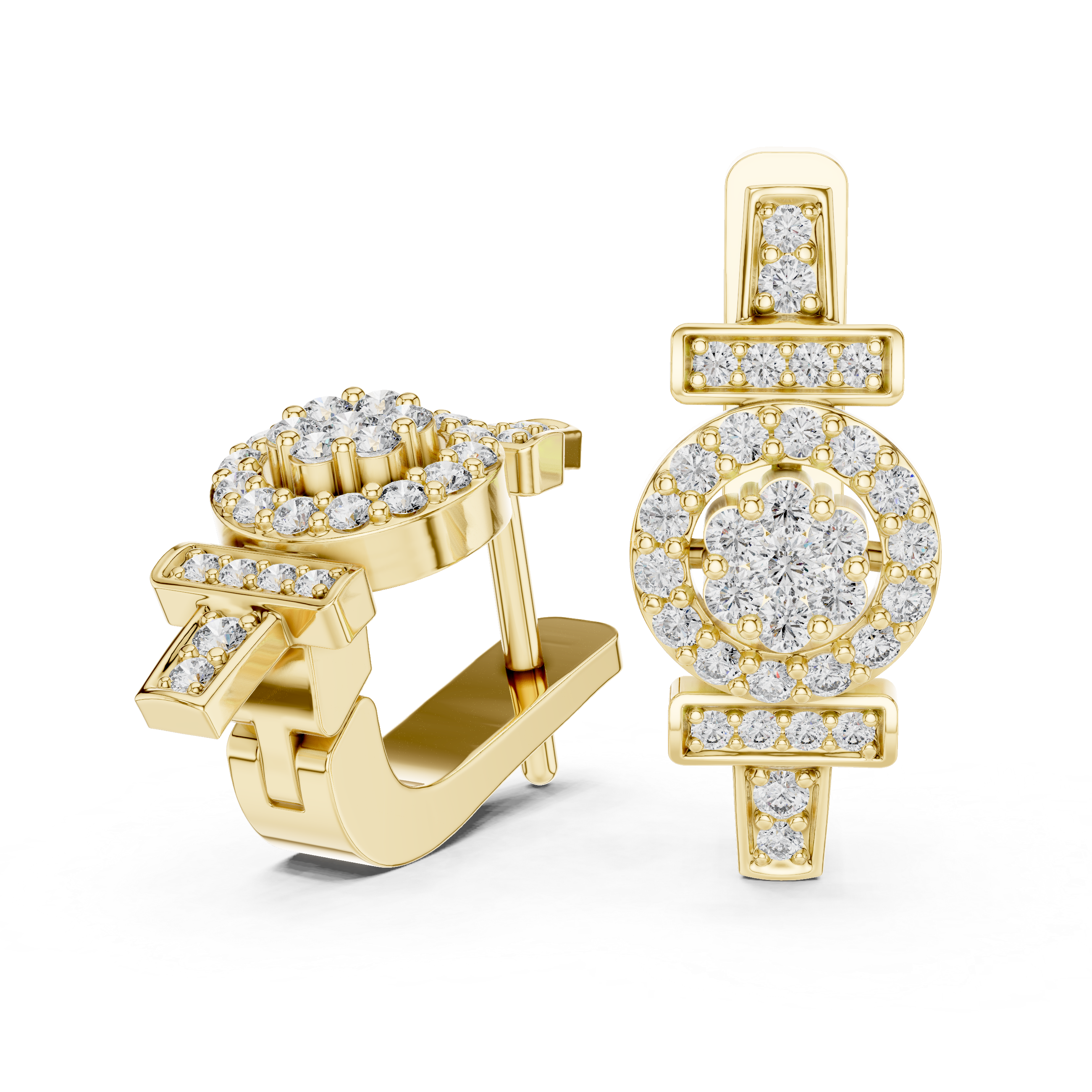 Round Brilliant Diamond Geometric Circle Bar Pavé Huggie Hoop Earrings