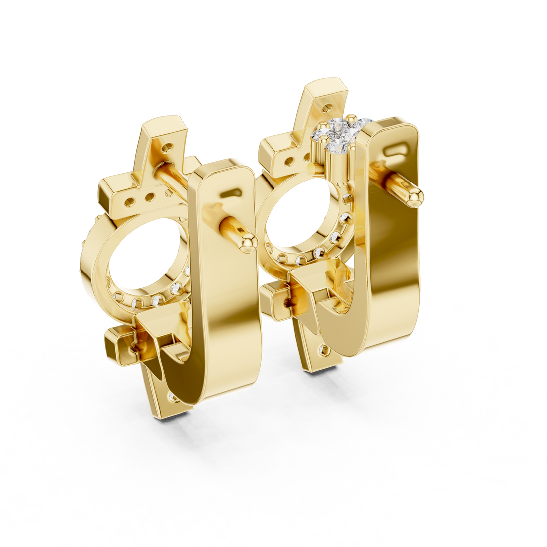 Round Brilliant Diamond Geometric Circle Bar Pavé Huggie Hoop Earrings