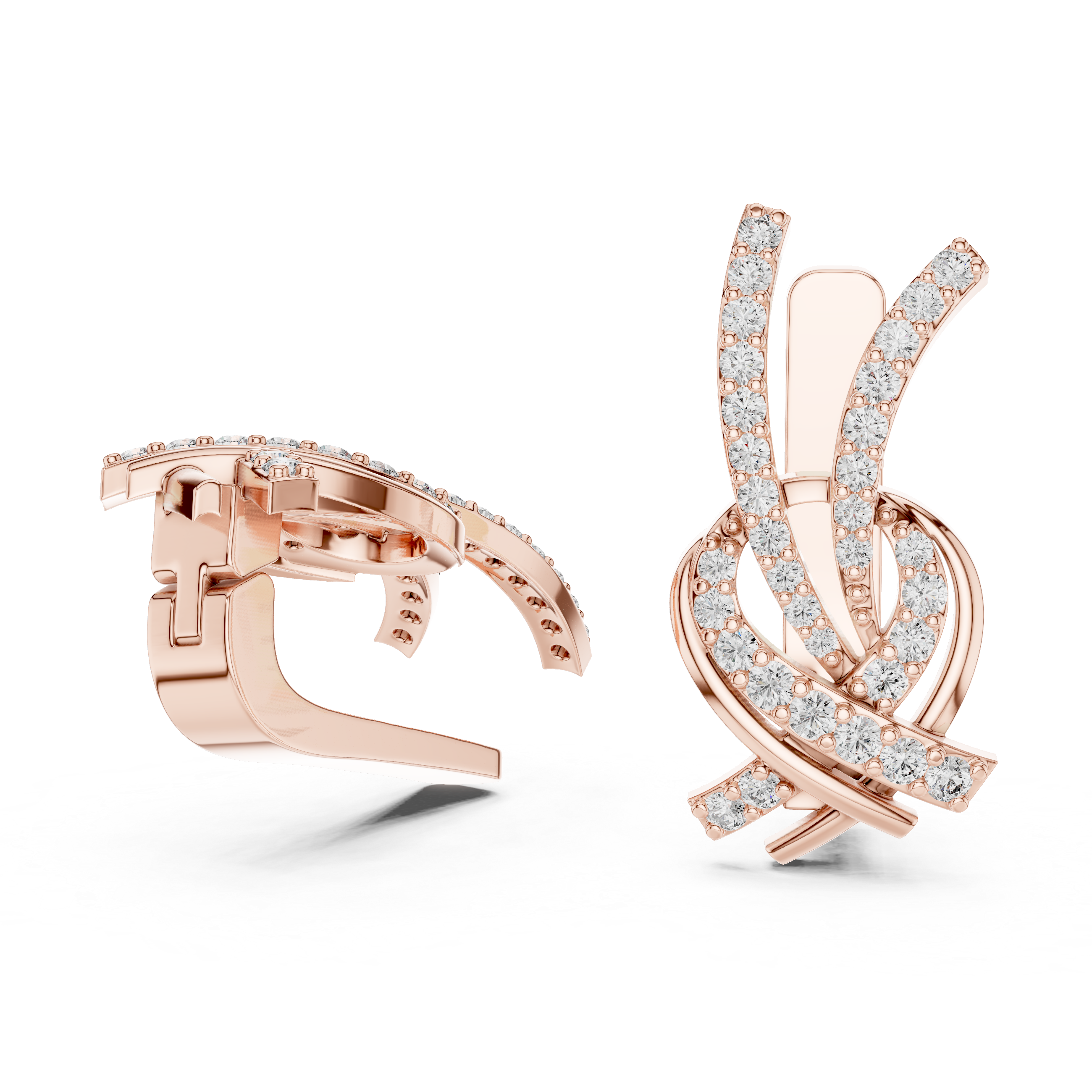 Round Brilliant Diamond Crisscross Ribbon Knot Pavé Stud Earrings