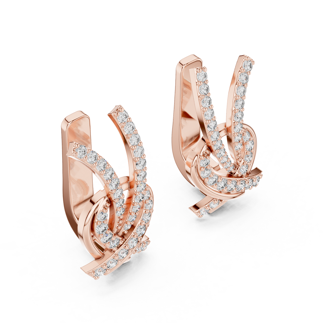 Round Brilliant Diamond Crisscross Ribbon Knot Pavé Stud Earrings