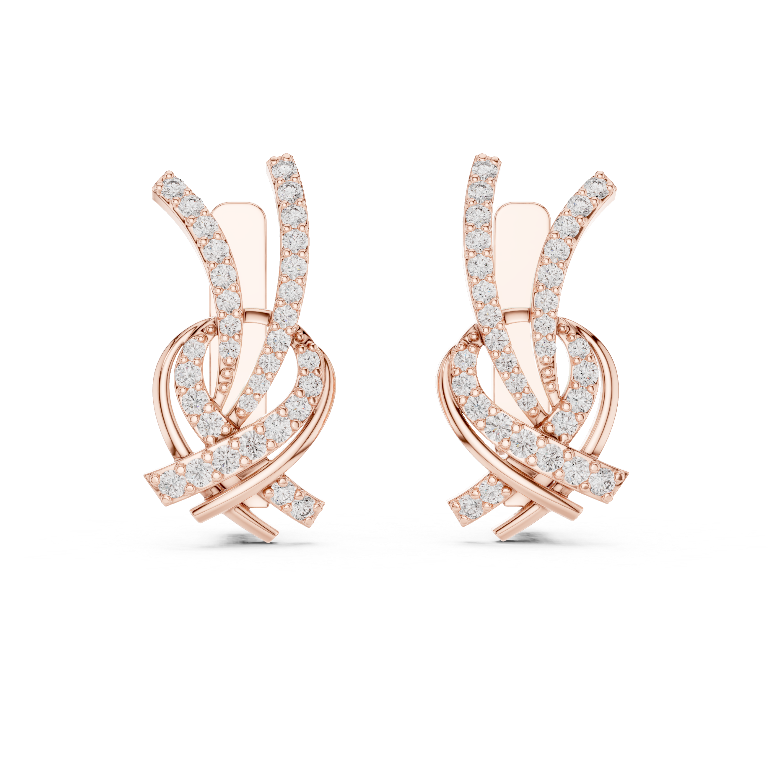 Round Brilliant Diamond Crisscross Ribbon Knot Pavé Stud Earrings