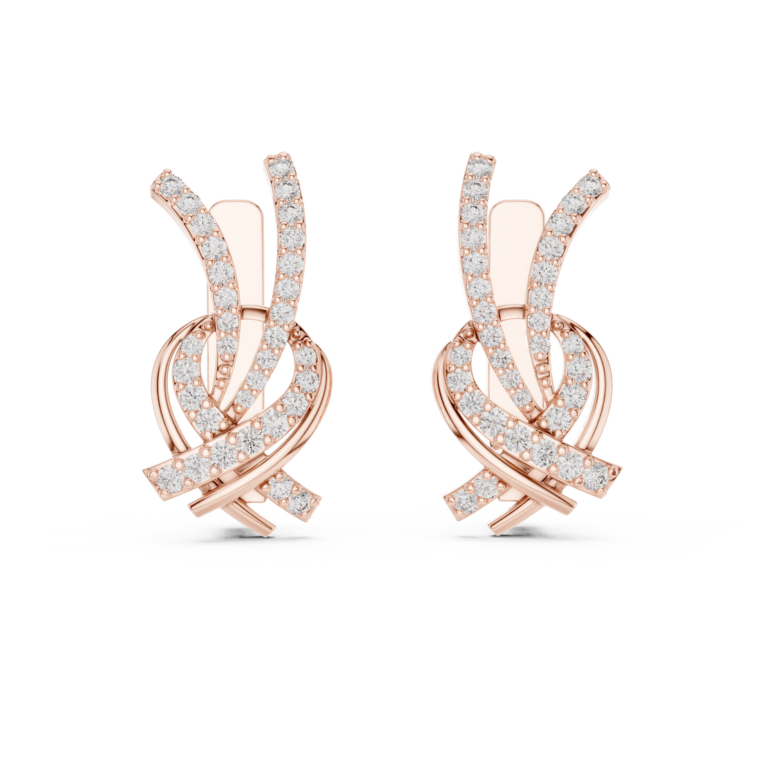 Round Brilliant Diamond Crisscross Ribbon Knot Pavé Stud Earrings