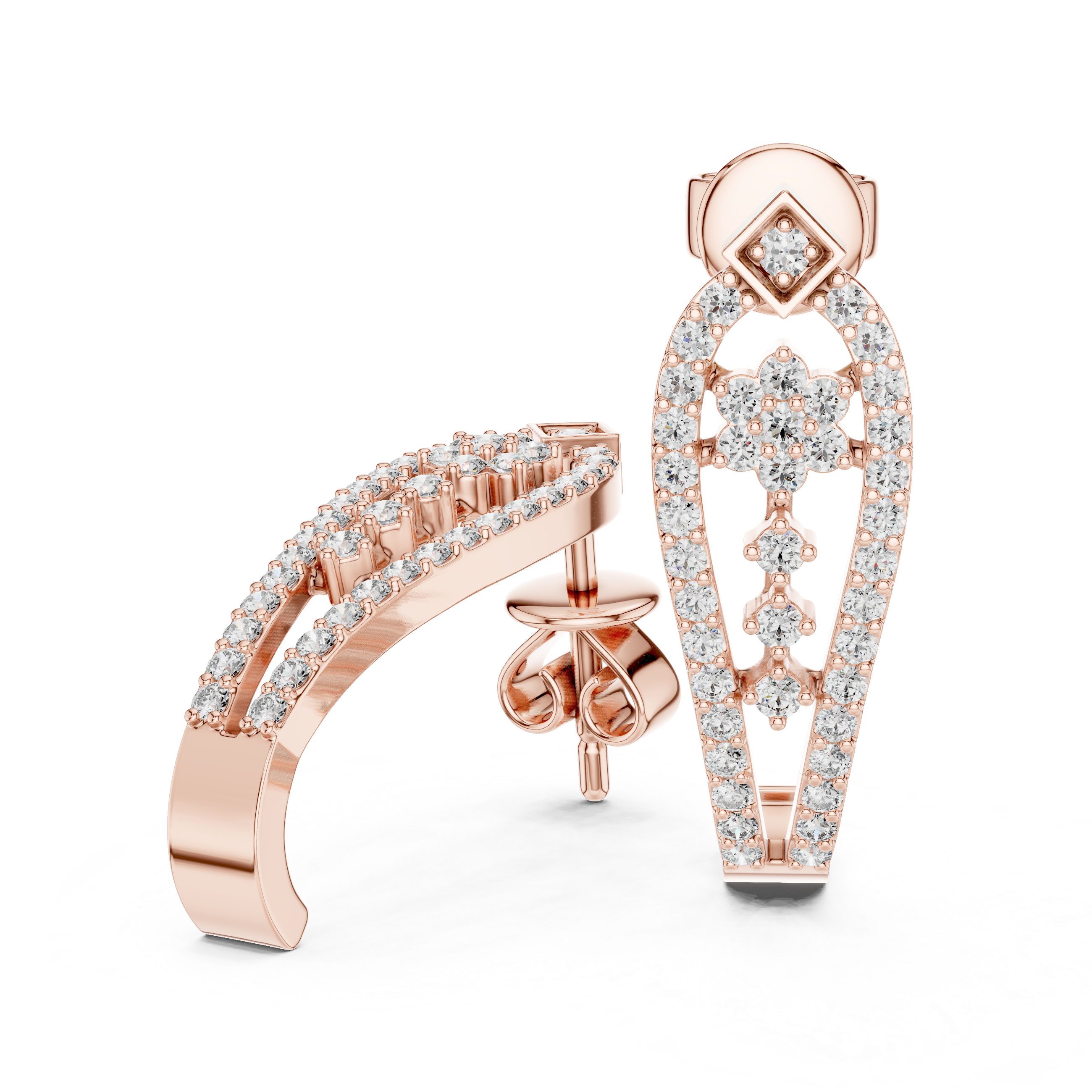 Round Brilliant Diamond Pavé Floral Lattice Teardrop Drop Earrings with Geometric Stud Top