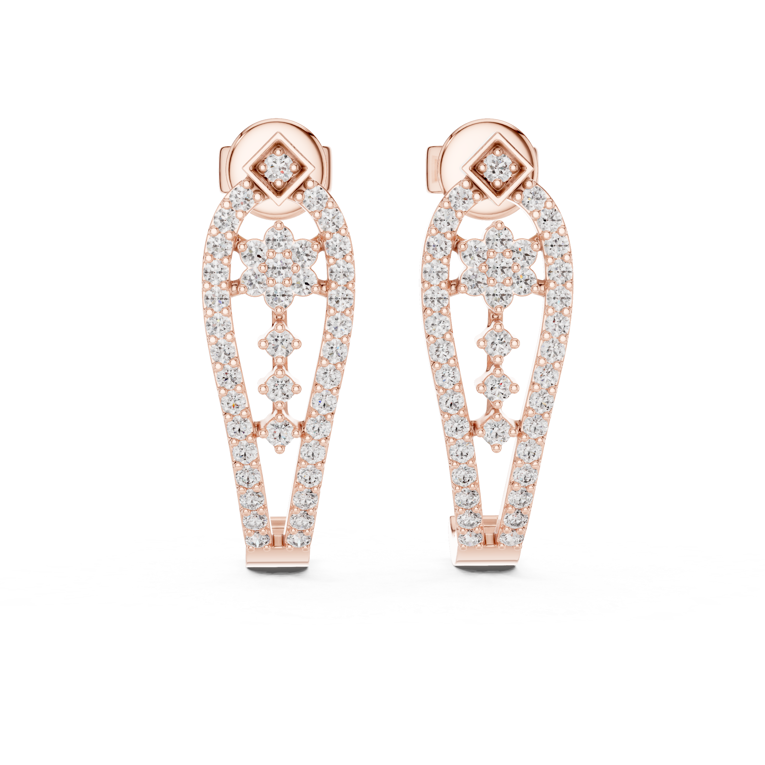 Round Brilliant Diamond Pavé Floral Lattice Teardrop Drop Earrings with Geometric Stud Top