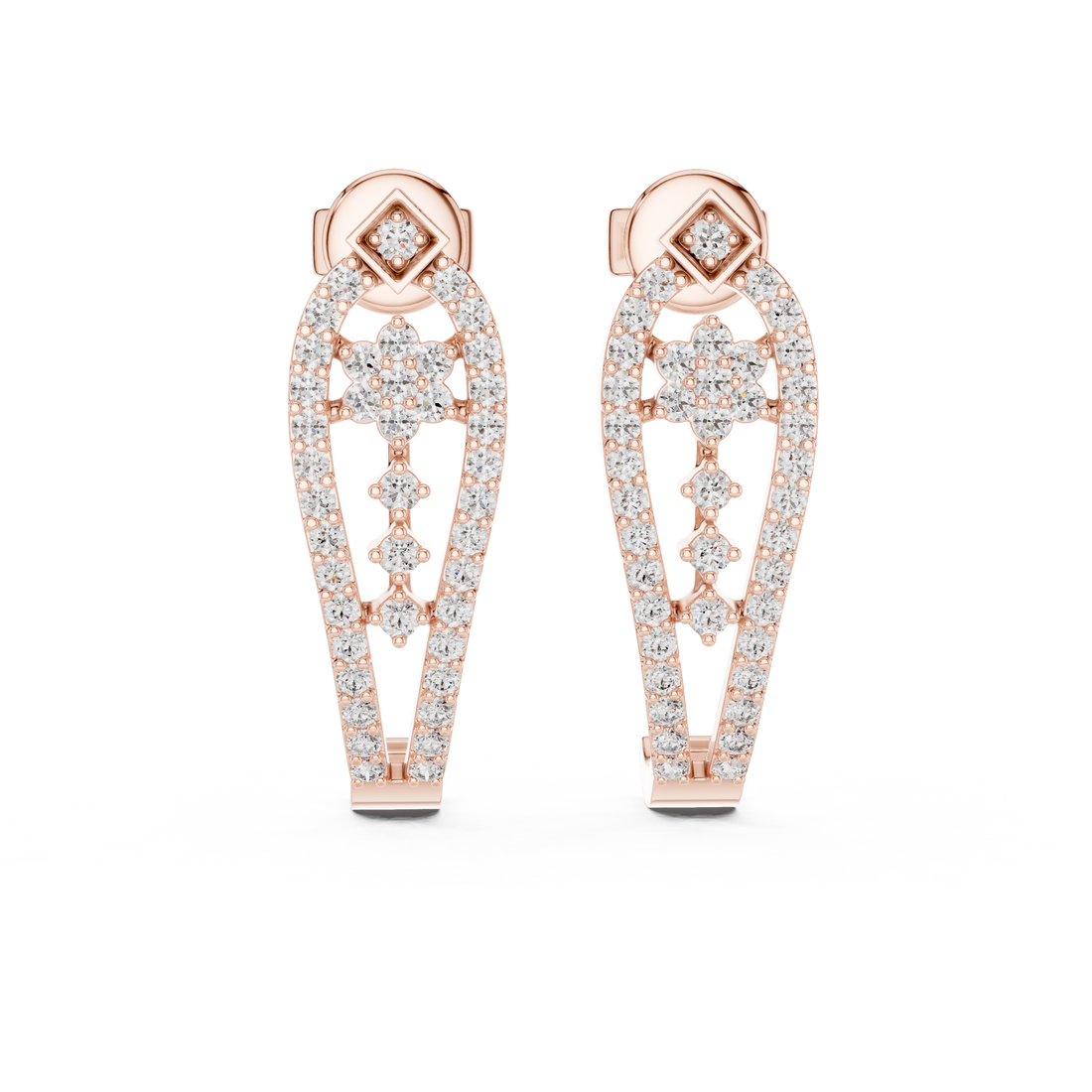 Round Brilliant Diamond Pavé Floral Lattice Teardrop Drop Earrings with Geometric Stud Top