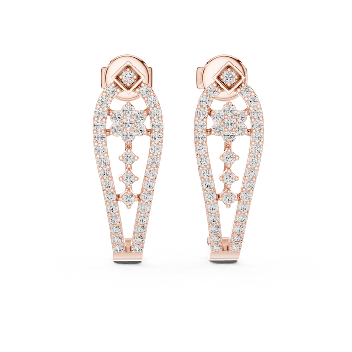Round Brilliant Diamond Pavé Floral Lattice Teardrop Drop Earrings with Geometric Stud Top