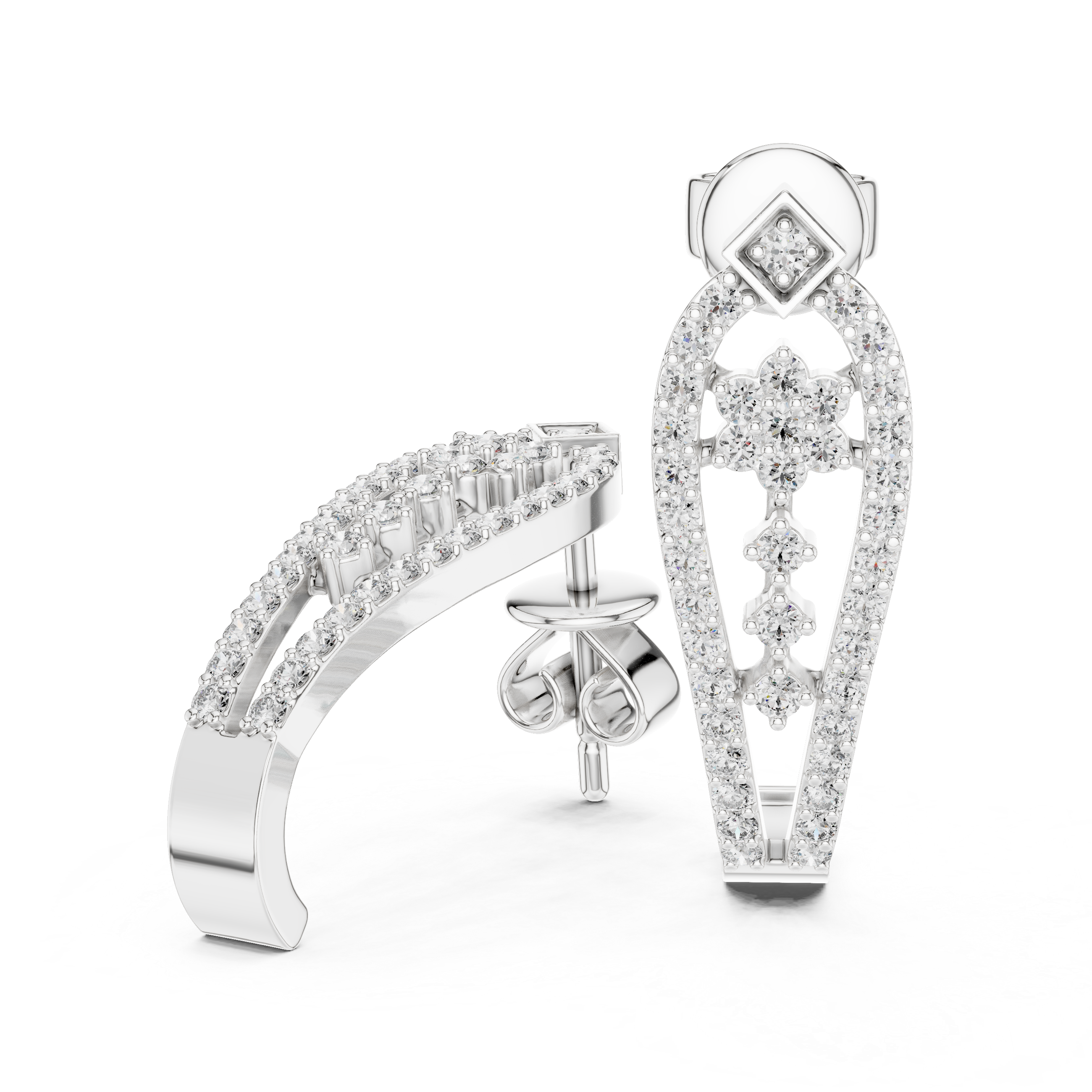 Round Brilliant Diamond Pavé Floral Lattice Teardrop Drop Earrings with Geometric Stud Top