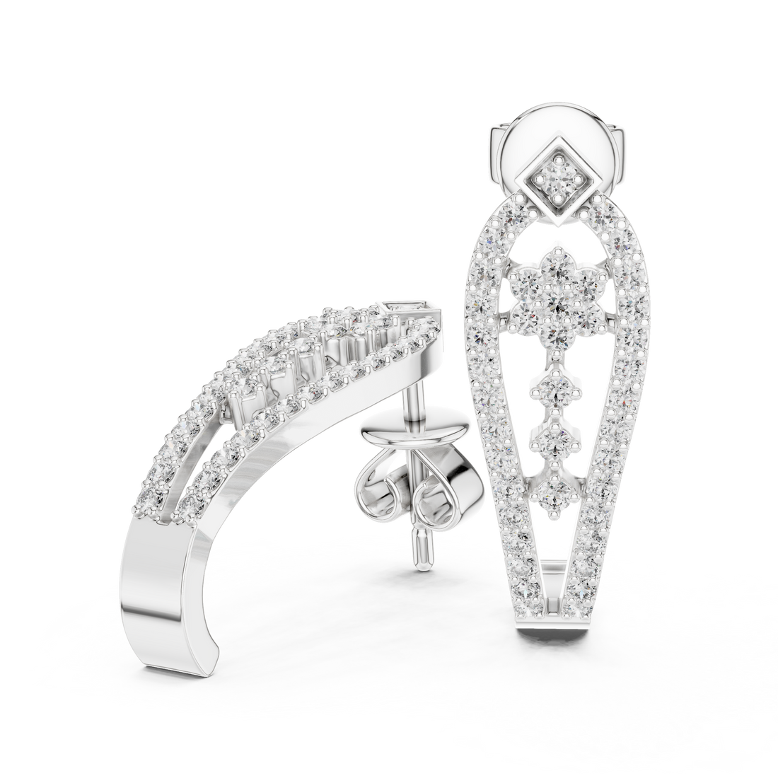 Round Brilliant Diamond Pavé Floral Lattice Teardrop Drop Earrings with Geometric Stud Top